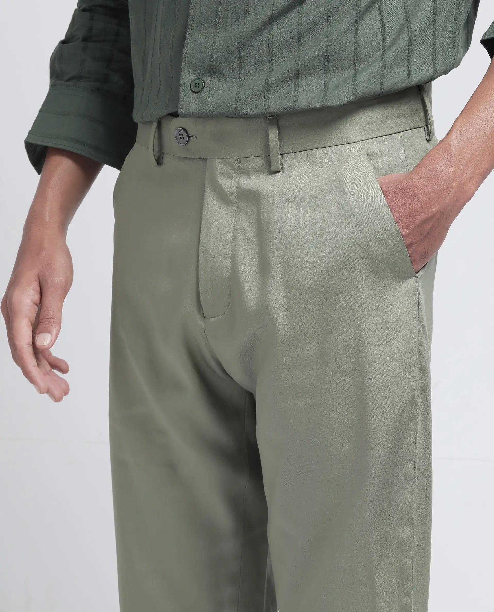 Rare Rabbit Men Ugo Dusky Green Cotton Elastane Fabric Regular Fit Plain Trouser
