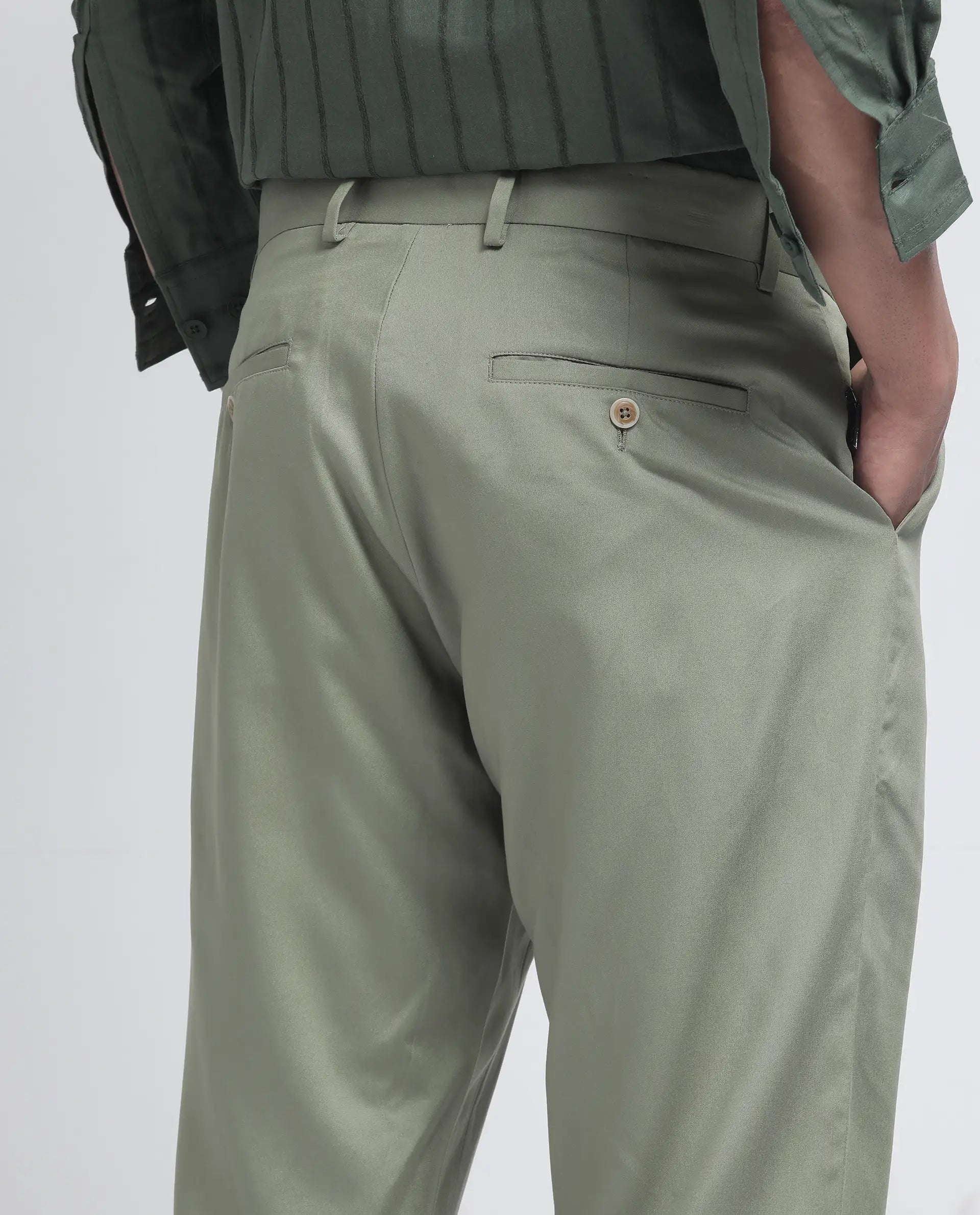 Rare Rabbit Men Ugo Dusky Green Cotton Elastane Fabric Regular Fit Plain Trouser