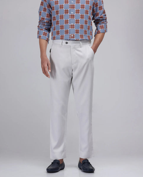 Rare Rabbit Men Ugo White Cotton Elastane Fabric Regular Fit Plain Tro