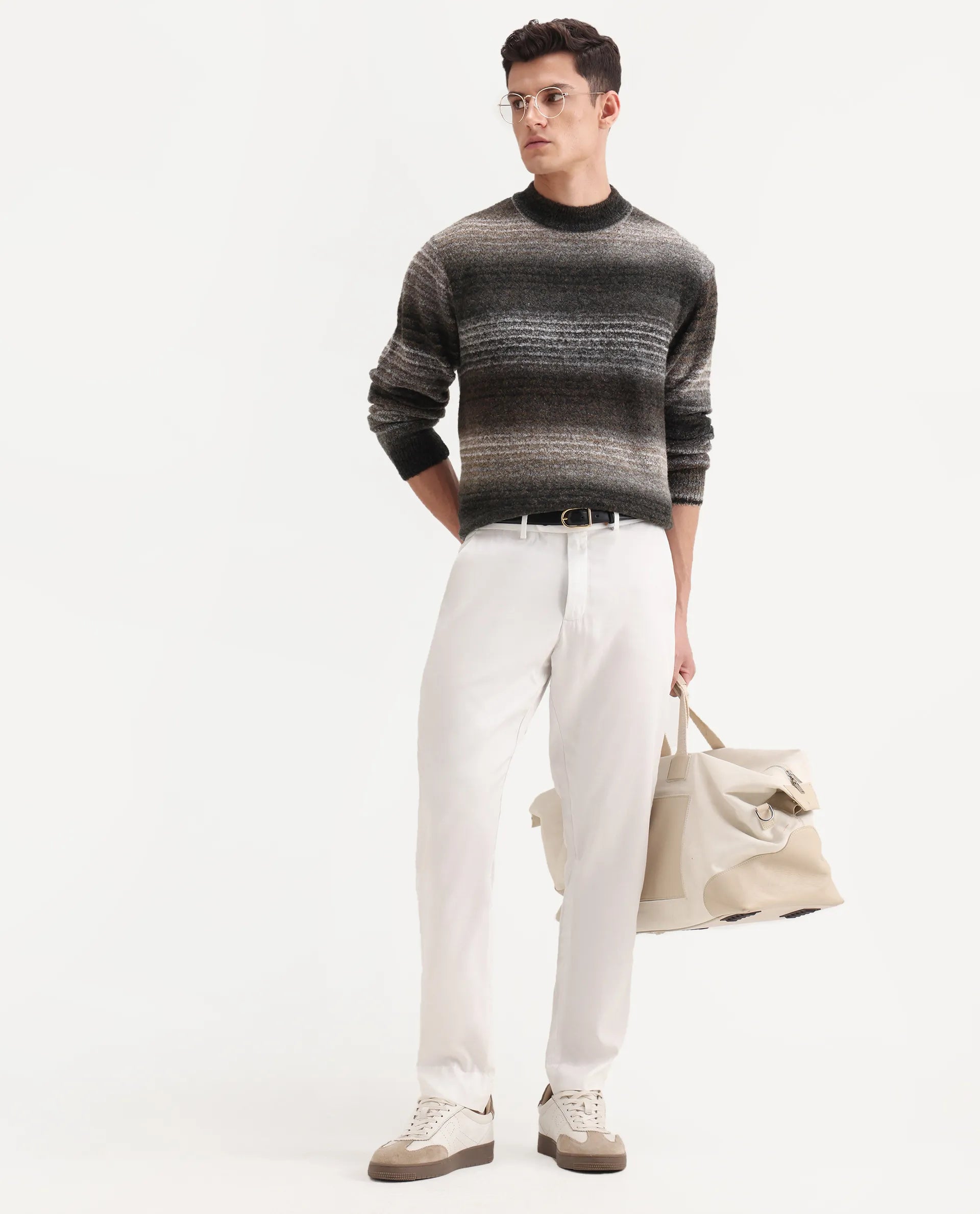 Rare Rabbit Men's Ugo White Cotton Blend Plain Regular Fit Trouser