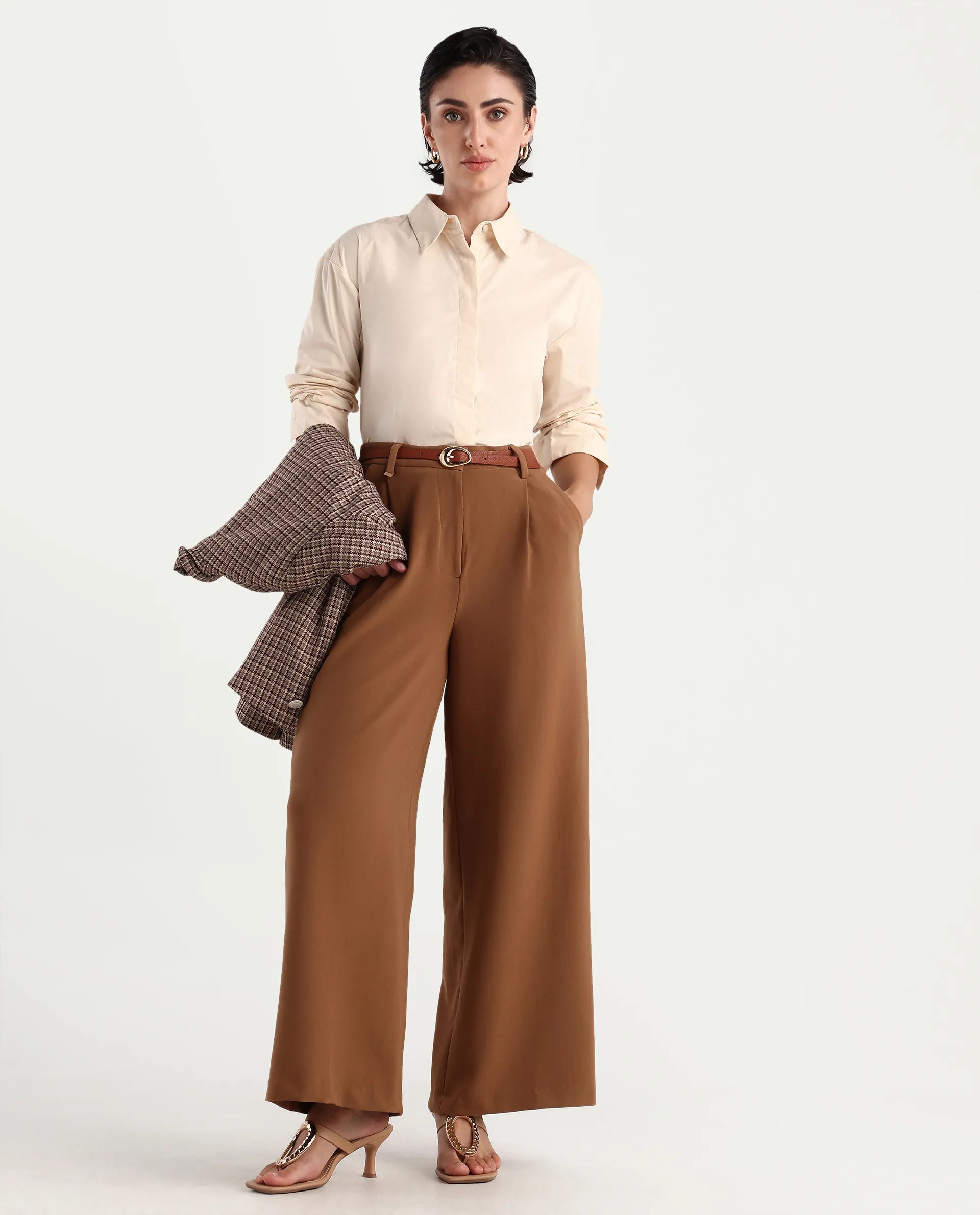 Rareism Women's Uiko Beige Cotton Blend Spread Collar Plain Cuffed Sleeve Regular Fit Shirt