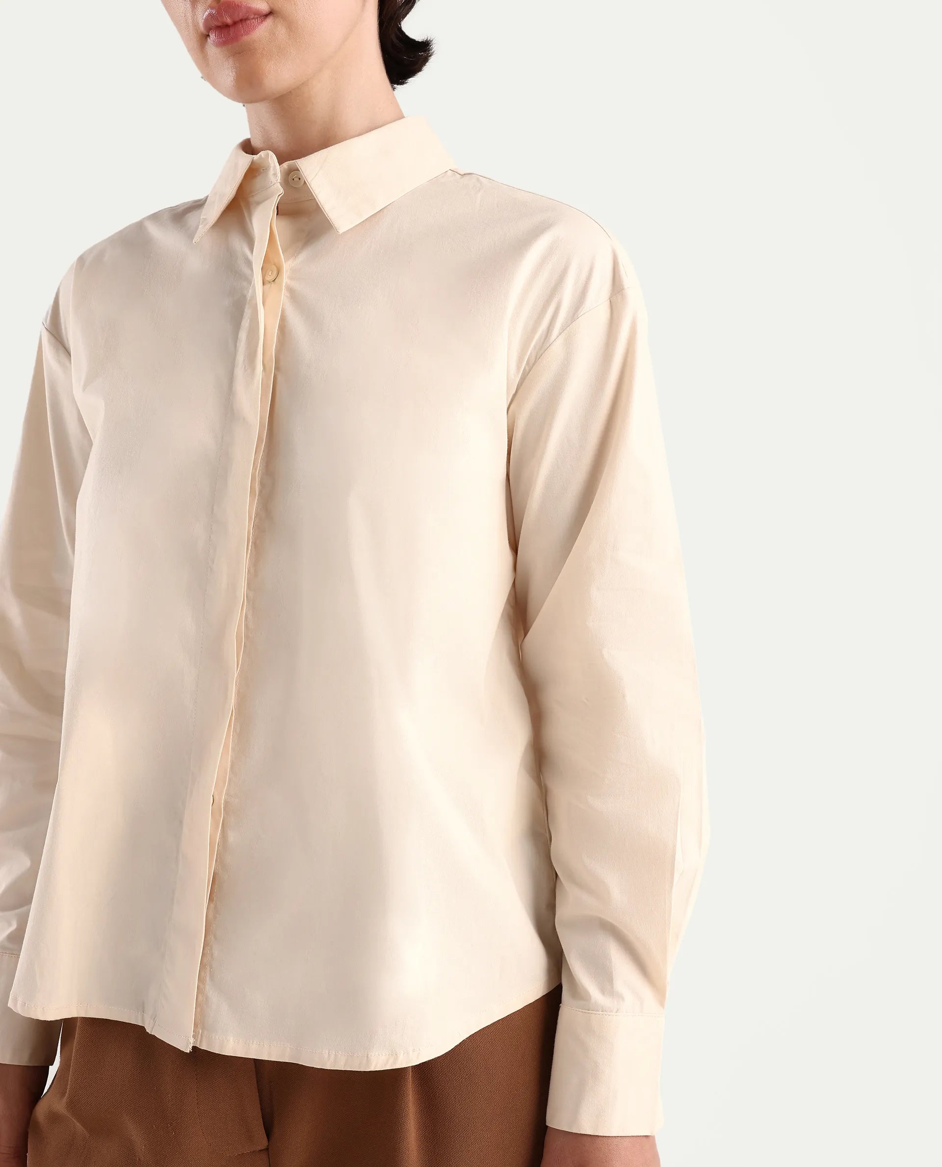 Rareism Women's Uiko Beige Cotton Blend Spread Collar Plain Cuffed Sleeve Regular Fit Shirt