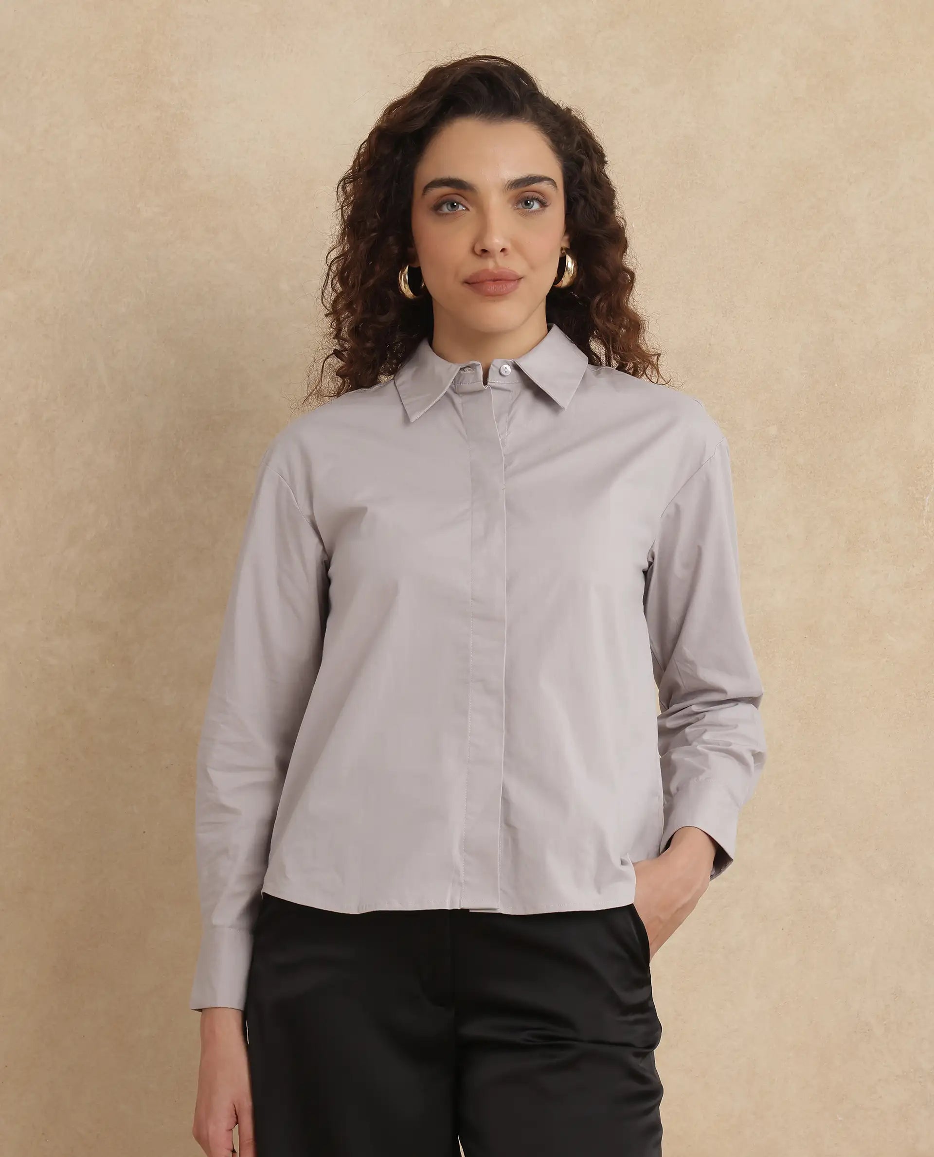 Rareism Women Uiko Grey Plain Shirt