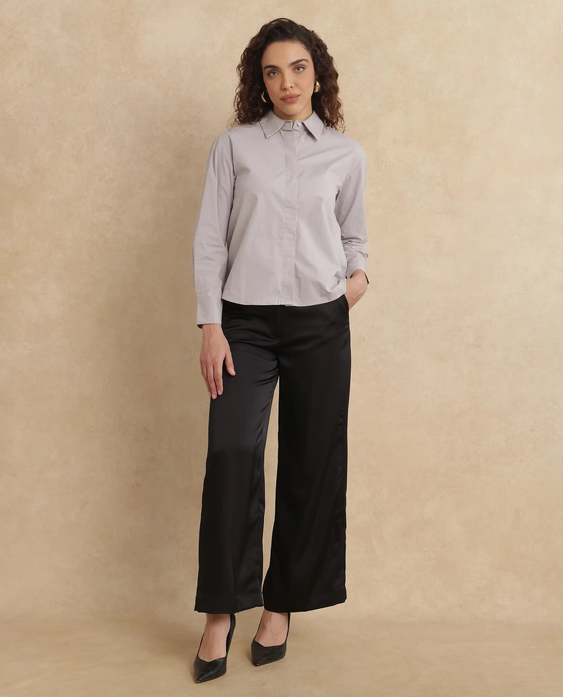 Rareism Women Uiko Grey Plain Shirt