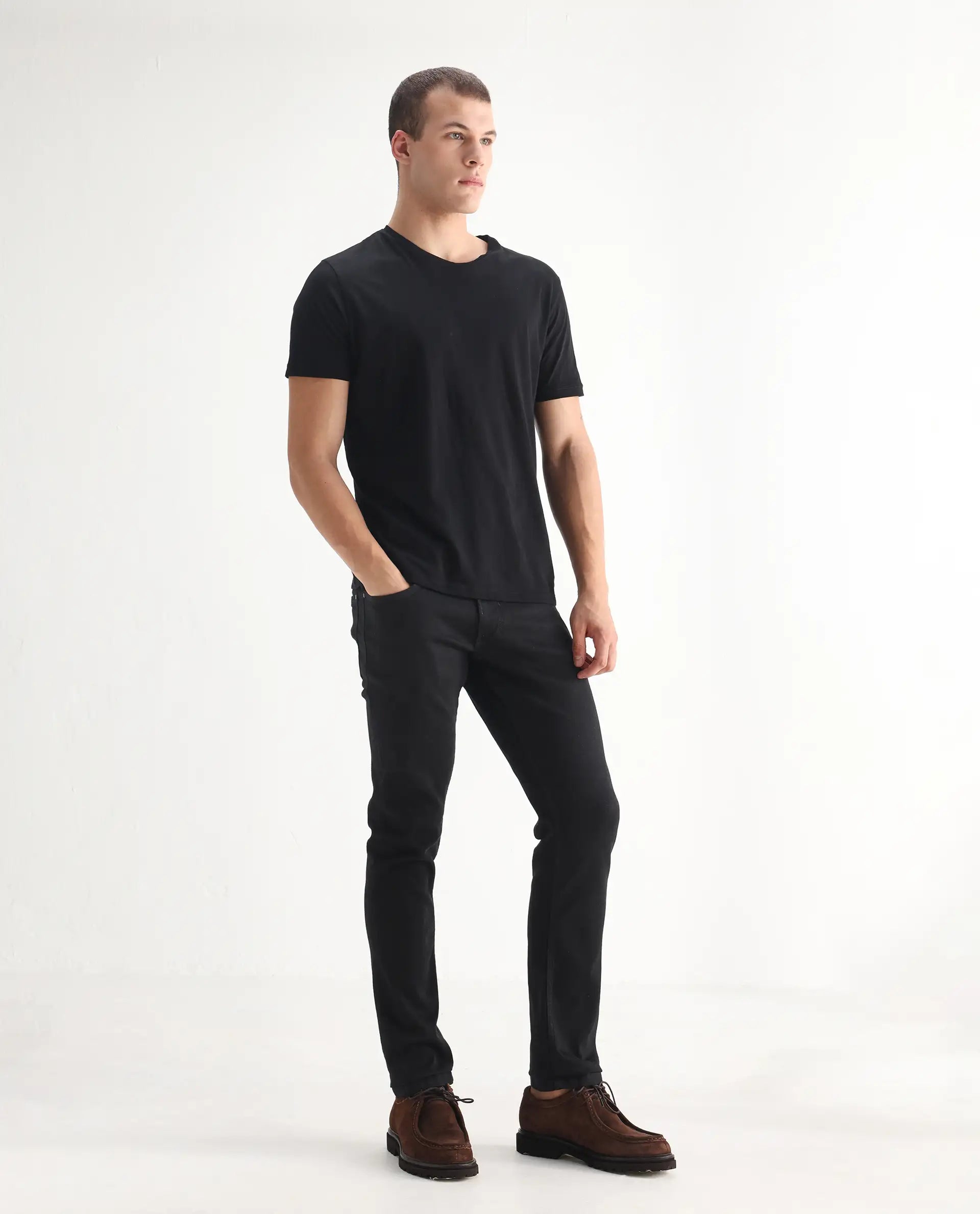 Rare Rabbit Men's Umo Black Cotton Blend Plain Hawk Slim Fit Jeans