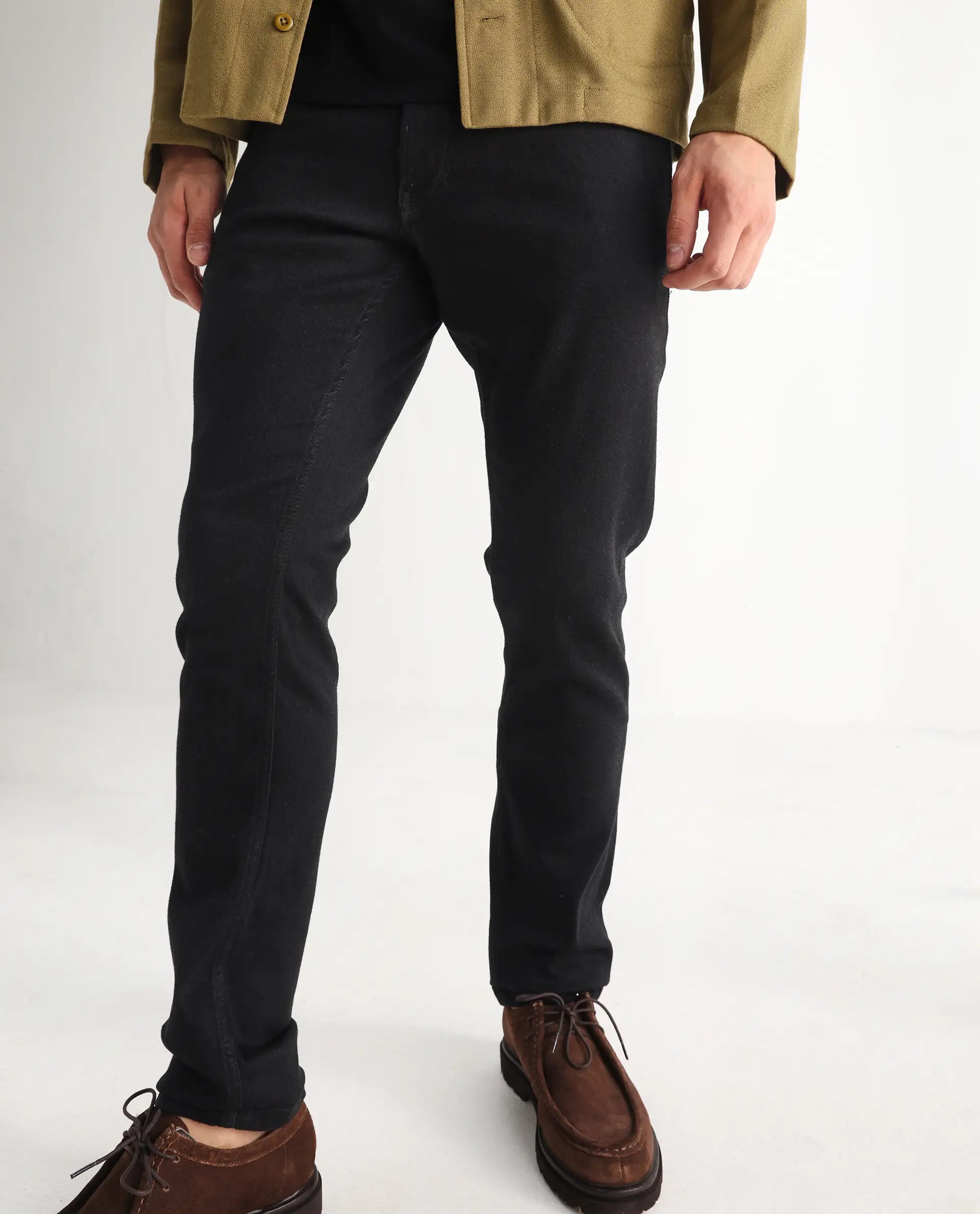 Rare Rabbit Men's Umo Black Cotton Blend Plain Hawk Slim Fit Jeans