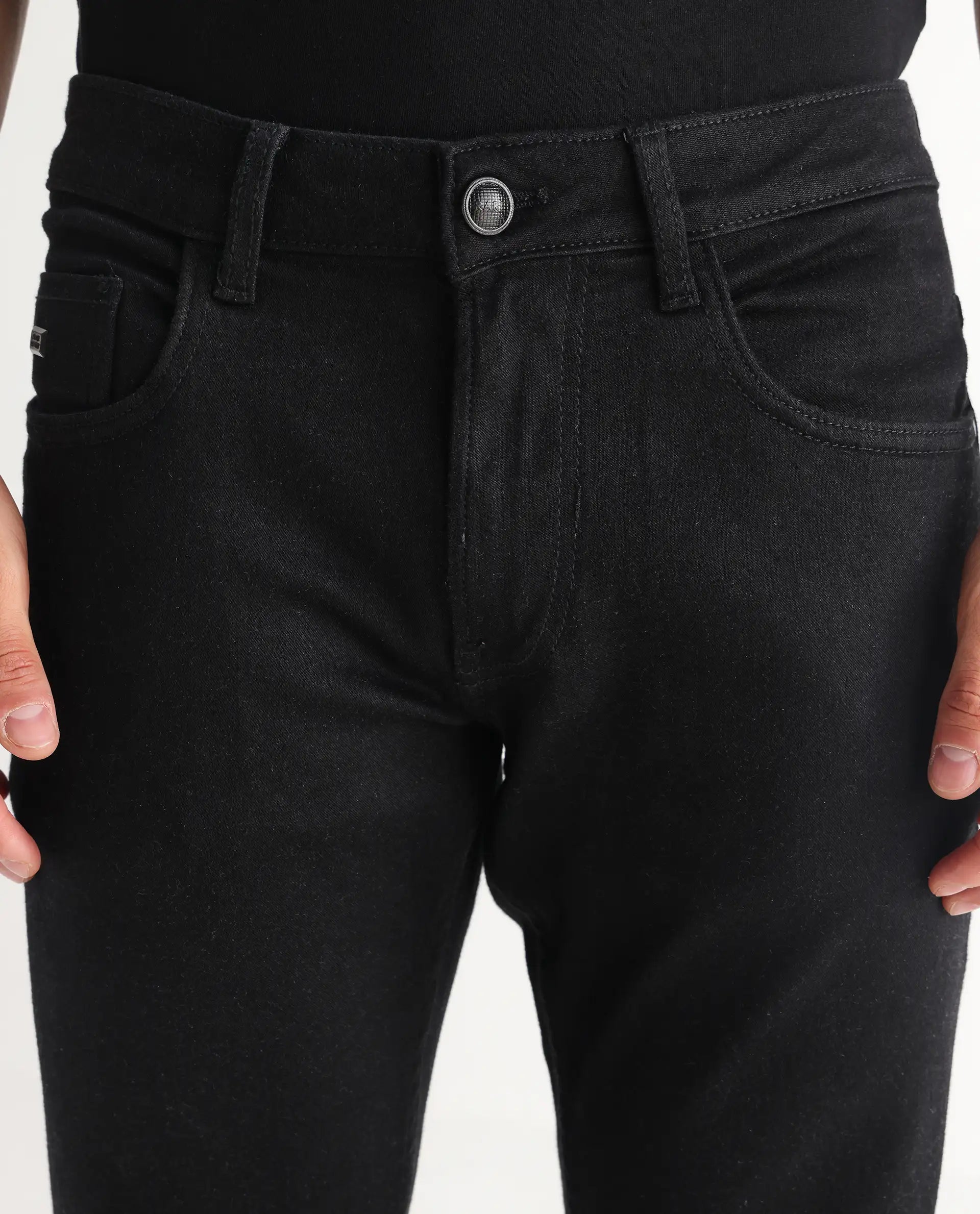 Rare Rabbit Men's Umo Black Cotton Blend Plain Hawk Slim Fit Jeans
