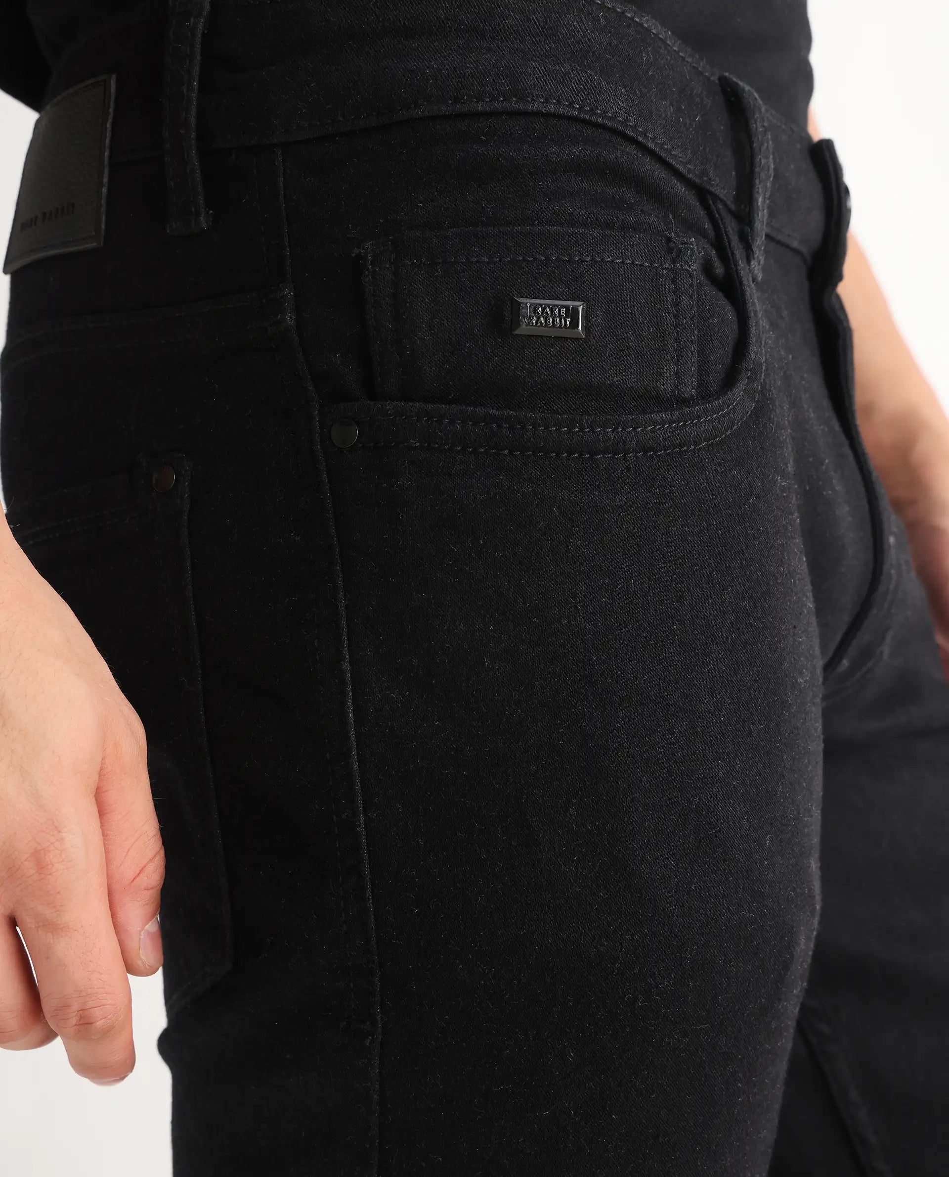 Rare Rabbit Men's Umo Black Cotton Blend Plain Hawk Slim Fit Jeans