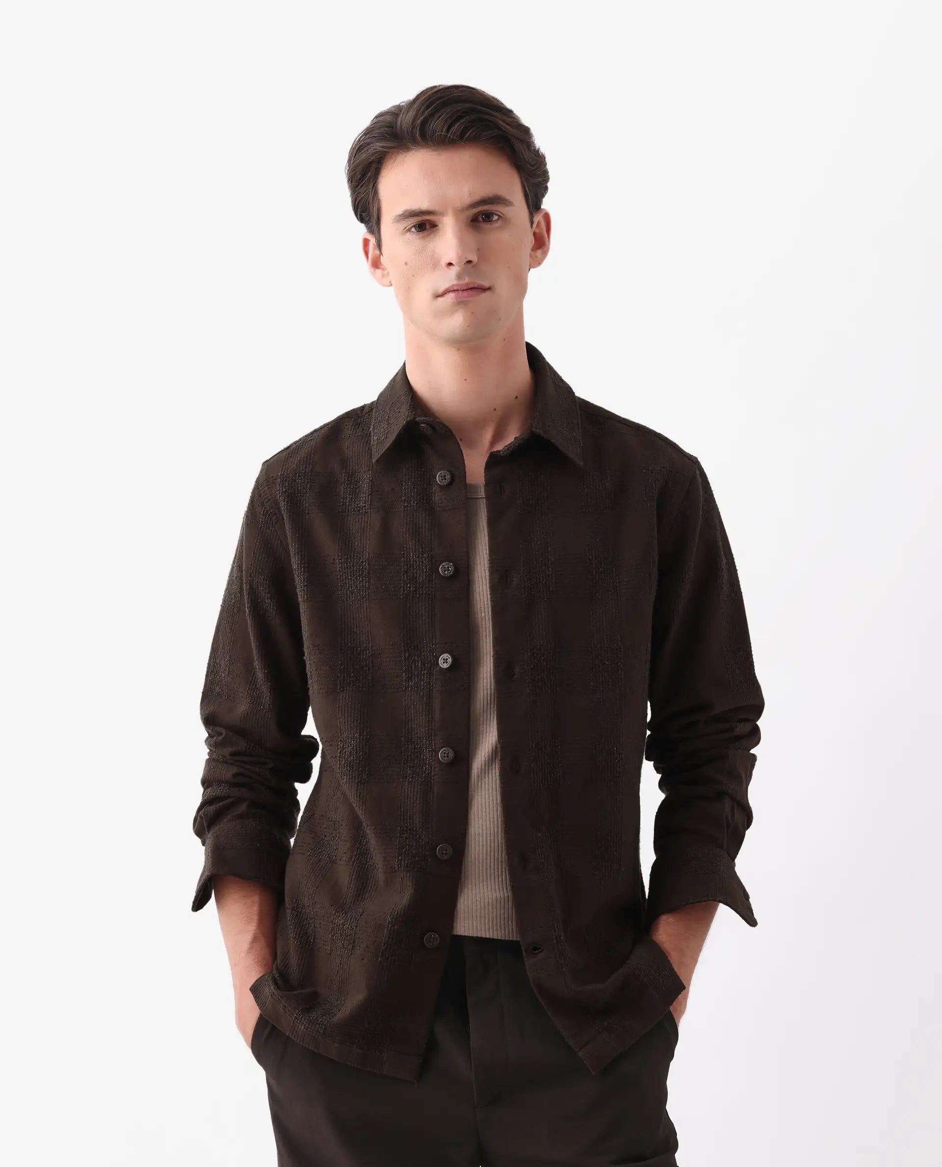 Rare Rabbit Men's Una Brown Cotton Checked Print Regular Fit Full Sleeve Collared Shirt