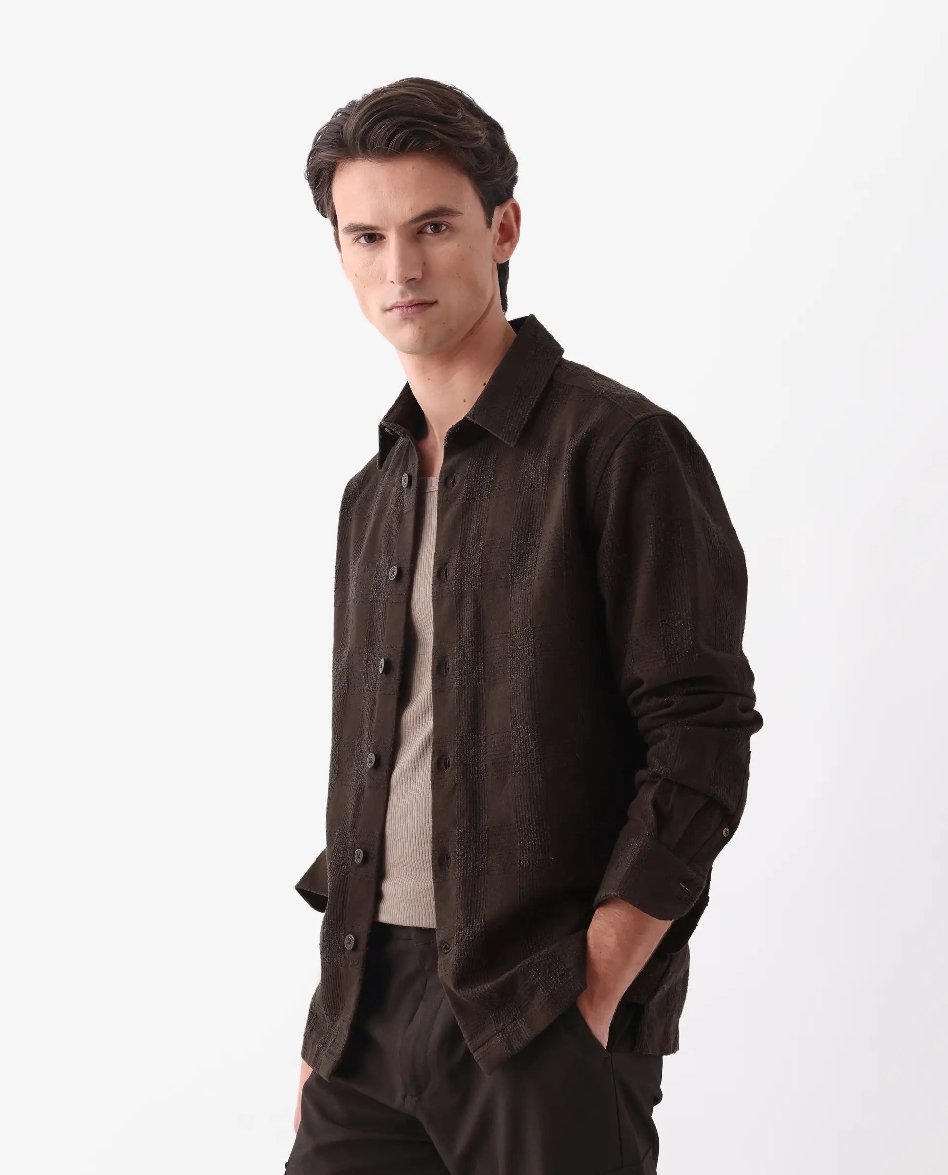 Rare Rabbit Men's Una Brown Cotton Checked Print Regular Fit Full Sleeve Collared Shirt