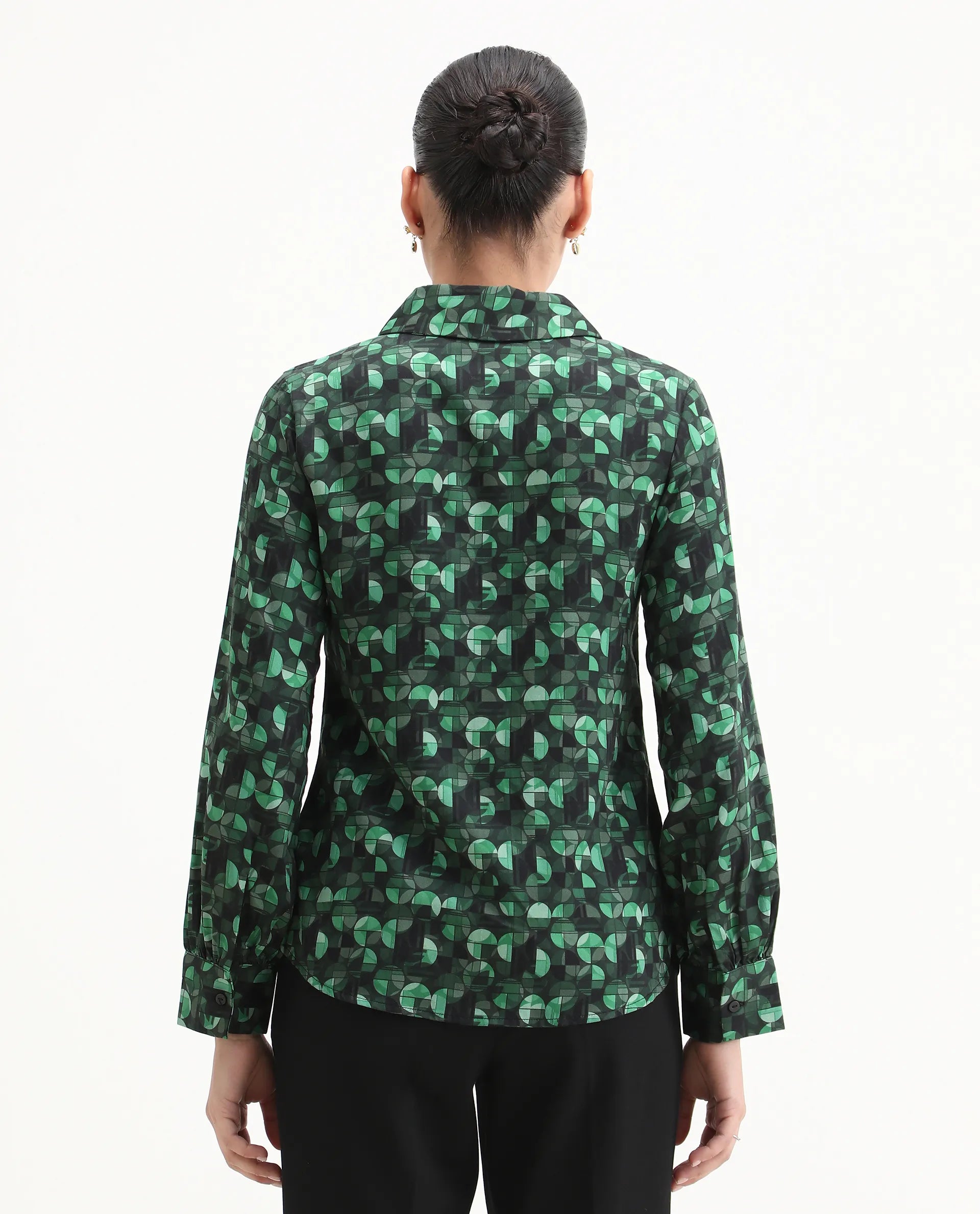 Rareism Women's Unio Dark Green Polyester Drop Collar Geometric Print Cuffed Sleeve Regular Fit Shirt