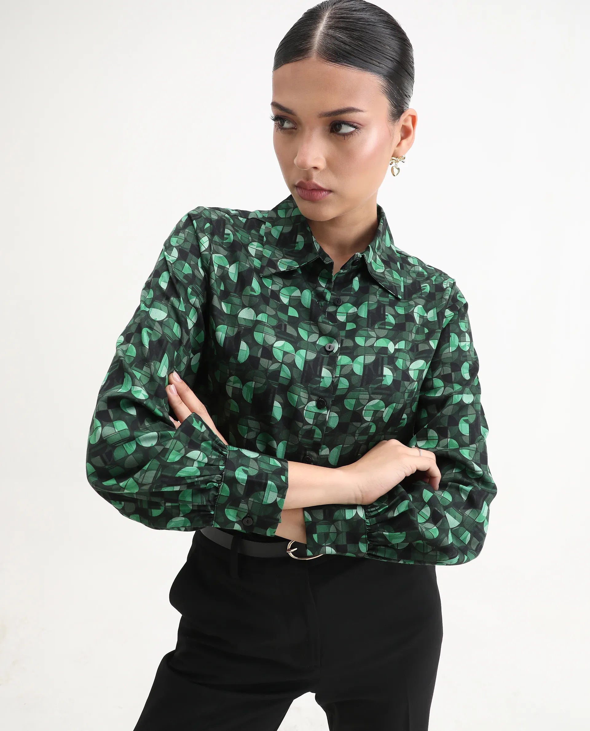 Rareism Women's Unio Dark Green Polyester Drop Collar Geometric Print Cuffed Sleeve Regular Fit Shirt