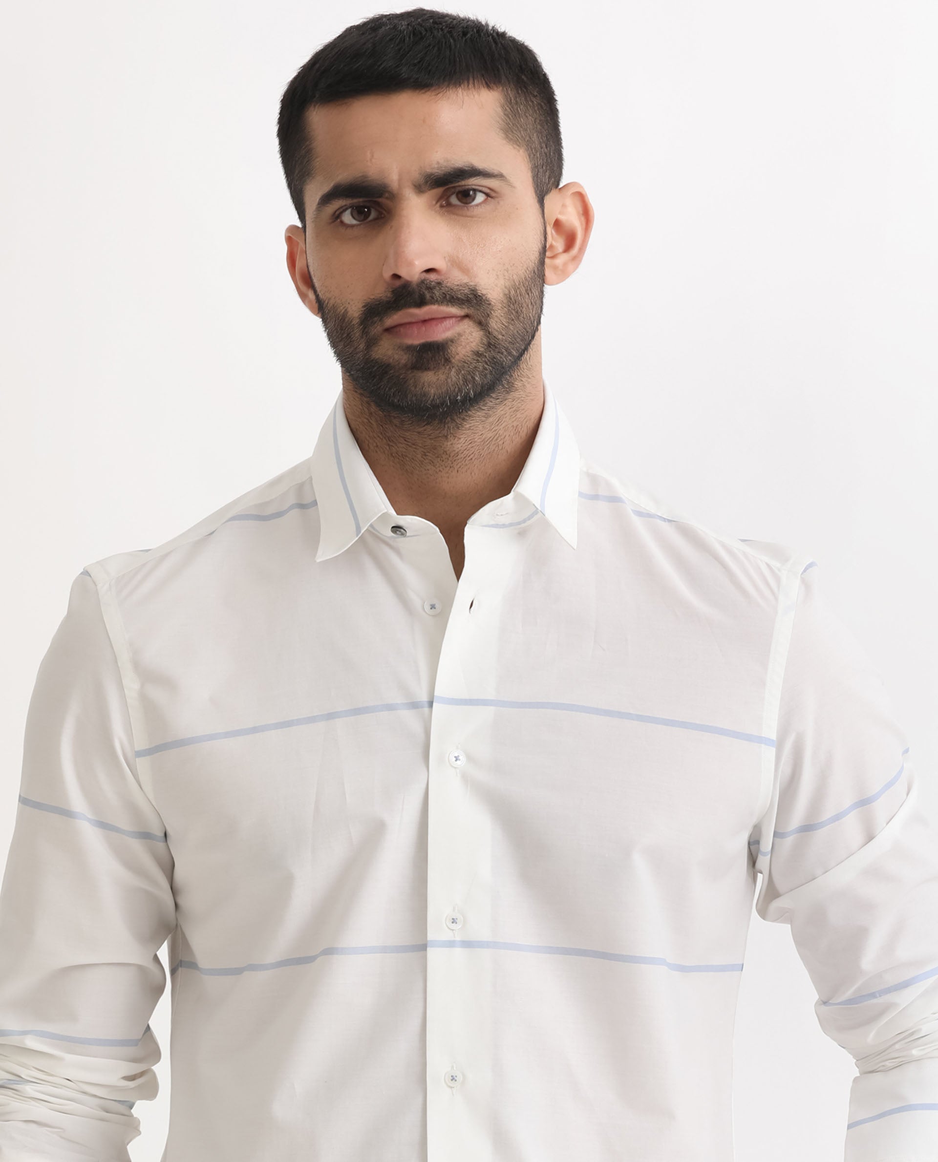 Rare Rabbit Men's Uniosn White Cotton Fabric Full Sleeves Striped Shirt