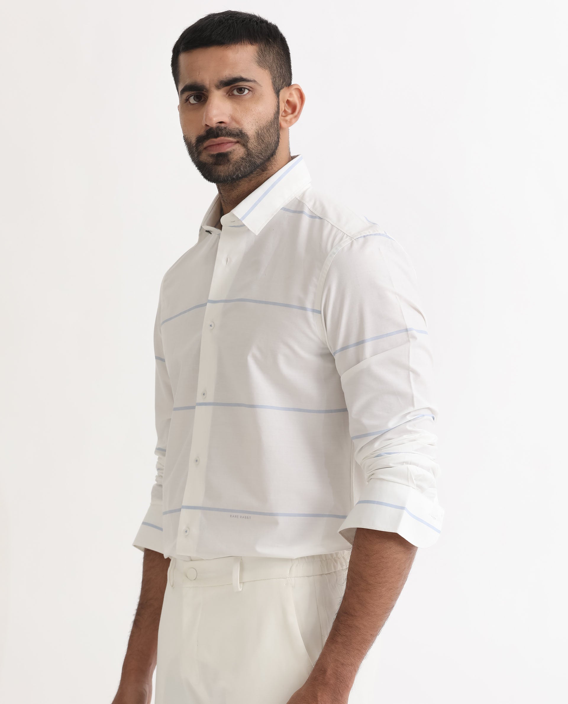 Rare Rabbit Men's Uniosn White Cotton Fabric Full Sleeves Striped Shirt