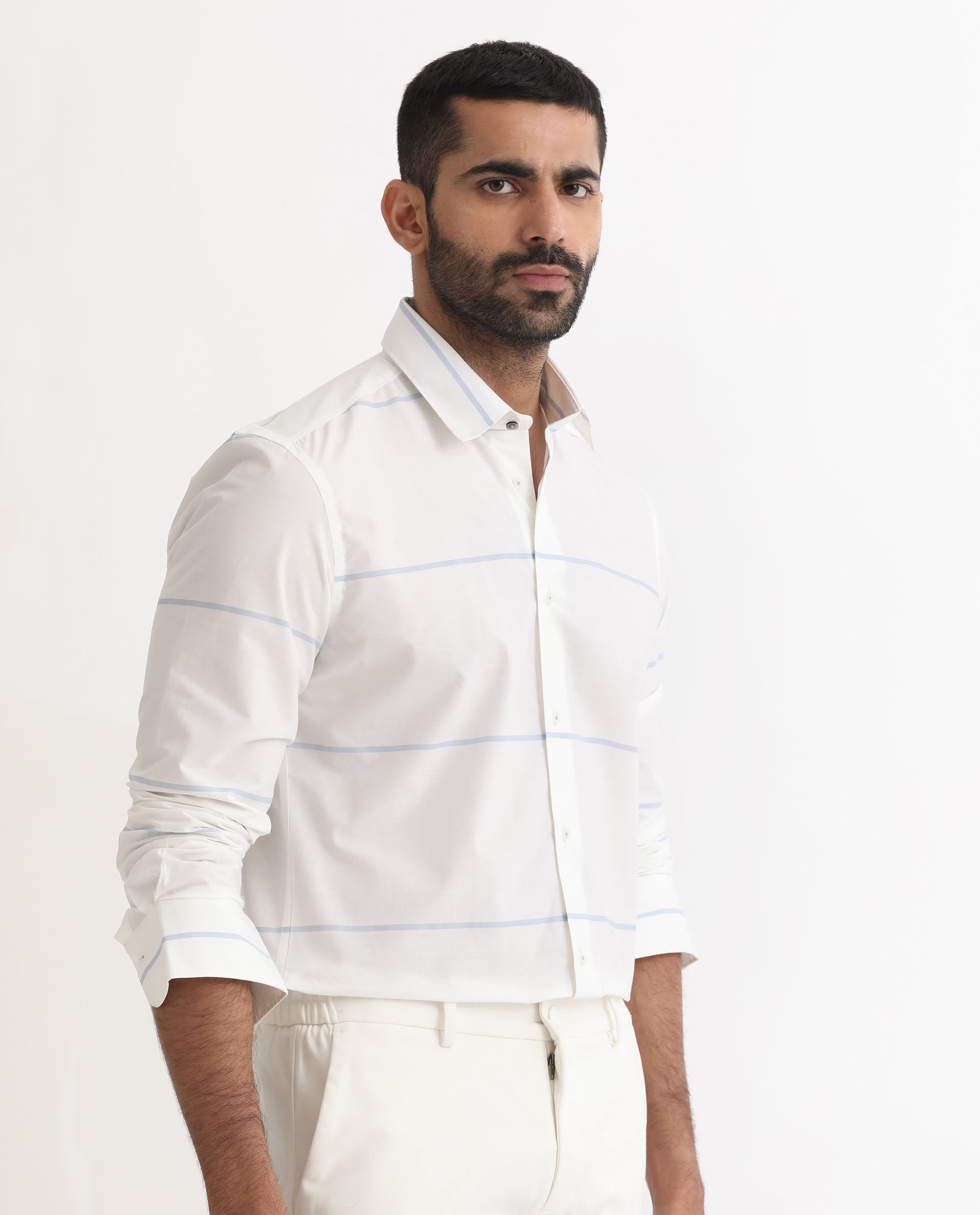 Rare Rabbit Men's Uniosn White Cotton Fabric Full Sleeves Striped Shirt