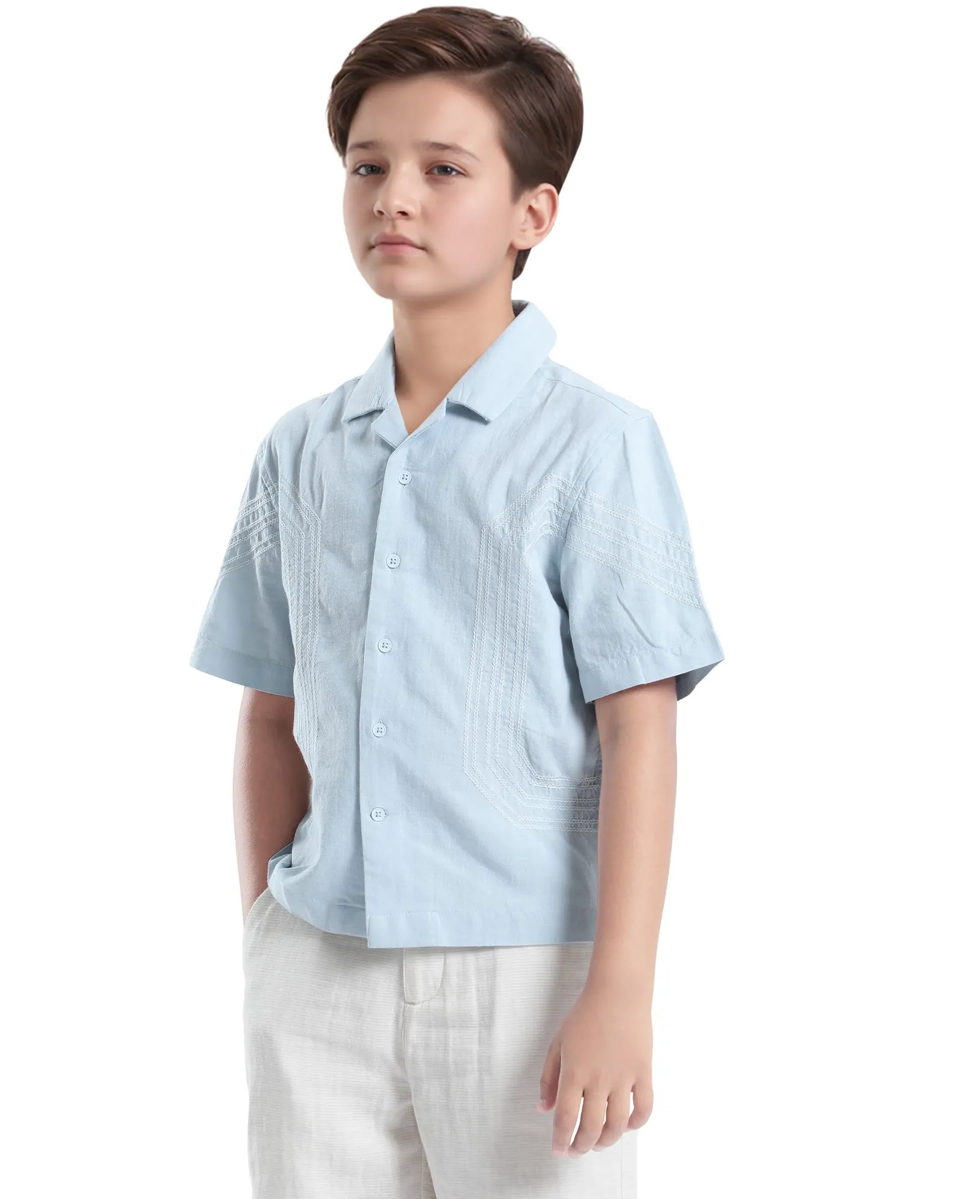 Rare Ones Kids Uno Blue Cotton Half Sleeve Solid Button Closure Regular Fit Shirt