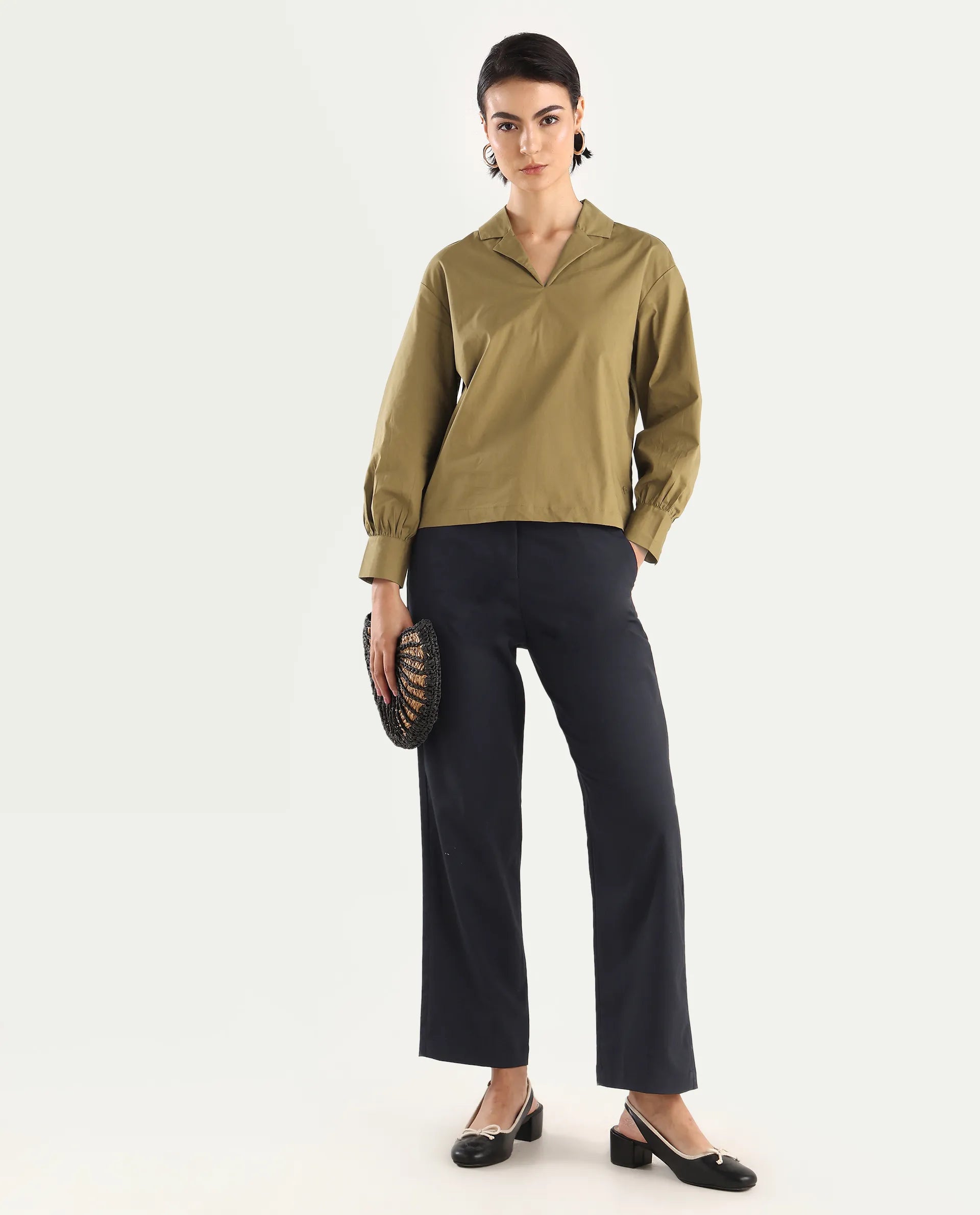 Rareism Women's Uono Light Brown Cotton Blend Lapel Neck Plain Cuffed Sleeve Regular Fit Top