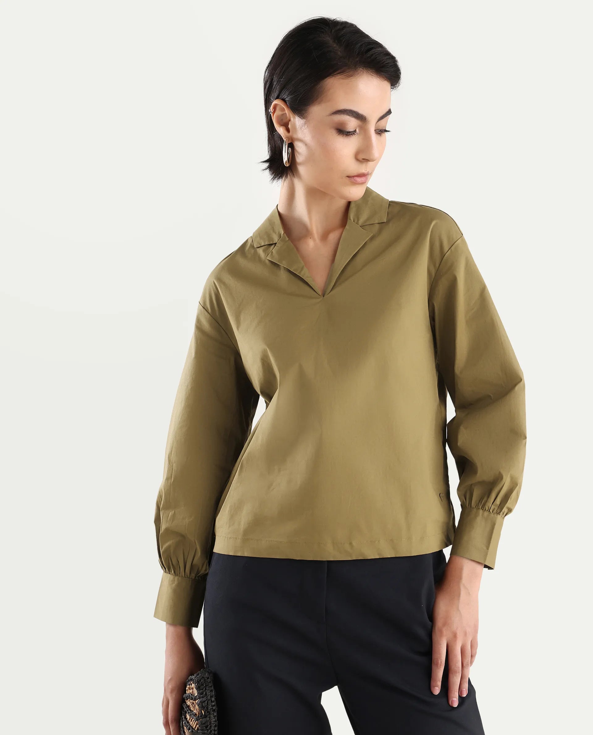 Rareism Women's Uono Light Brown Cotton Blend Lapel Neck Plain Cuffed Sleeve Regular Fit Top