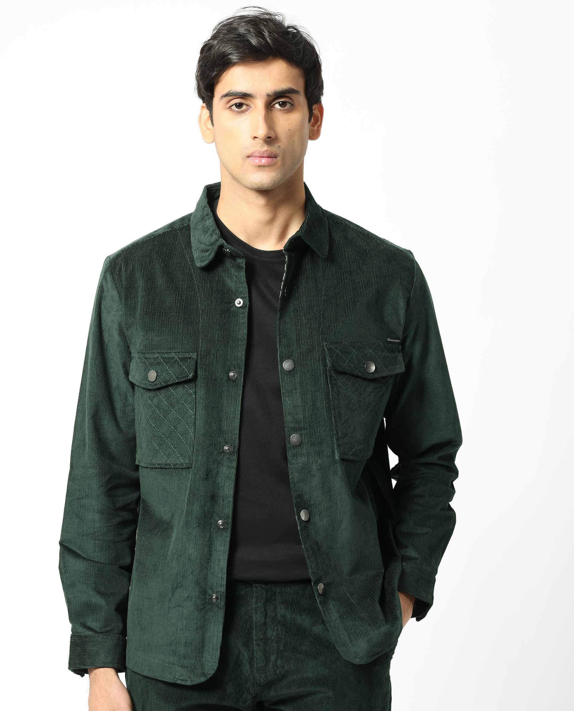 Rare Rabbit Men's Upto Dark Green Cotton Plain Regular Fit Full Sleeve Spread Collar Jacket
