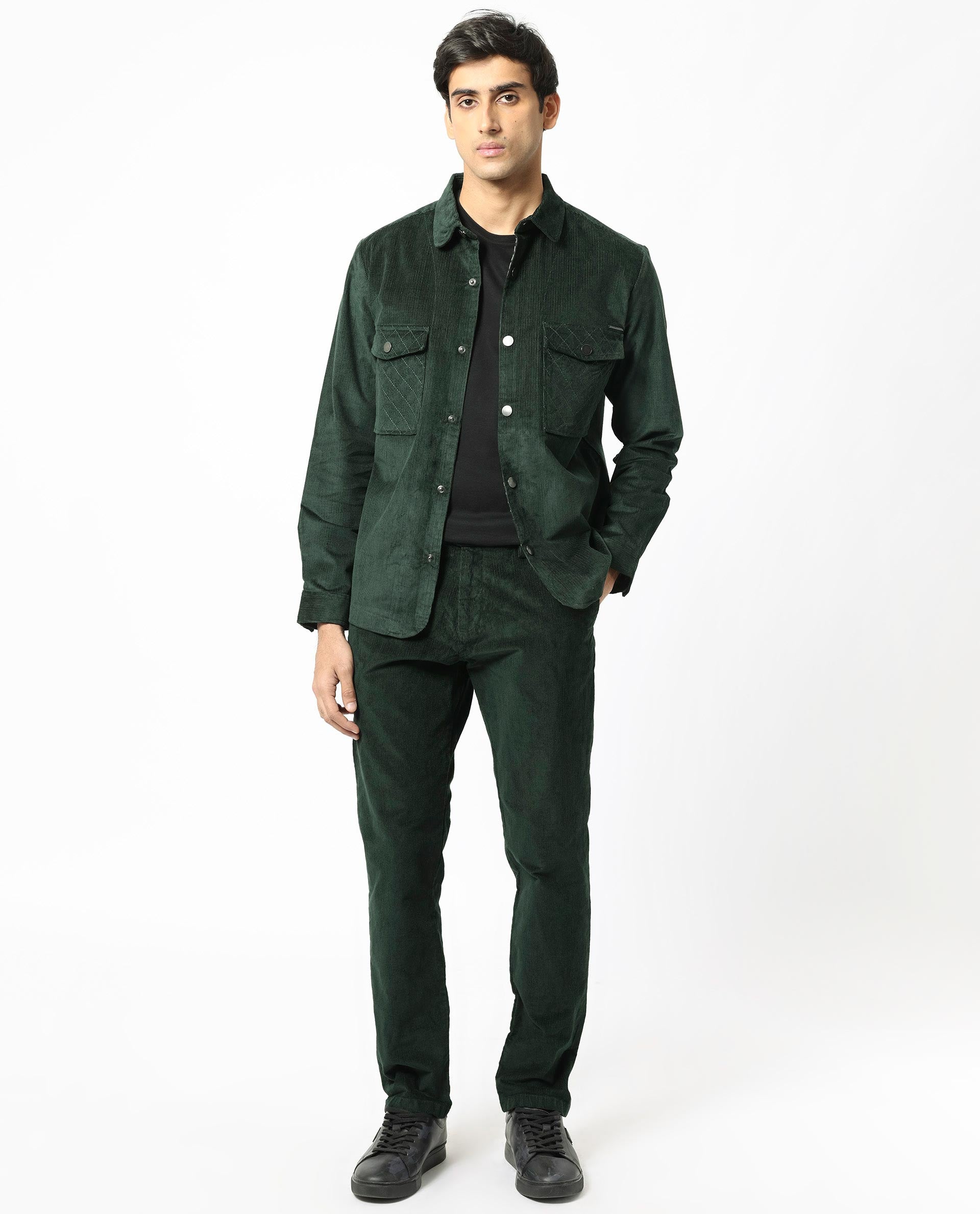 Rare Rabbit Men's Upto Dark Green Cotton Plain Regular Fit Full Sleeve Spread Collar Jacket