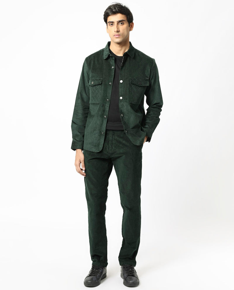 Rare Rabbit Men's Upto Dark Green Cotton Modal Fabric Full Sleeves Solid Corduroy Shacket