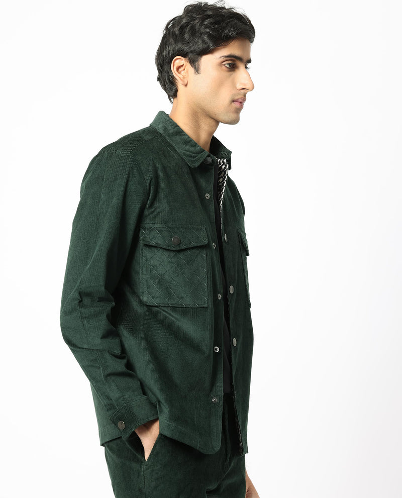 Rare Rabbit Men's Upto Dark Green Cotton Modal Fabric Full Sleeves Solid Corduroy Shacket