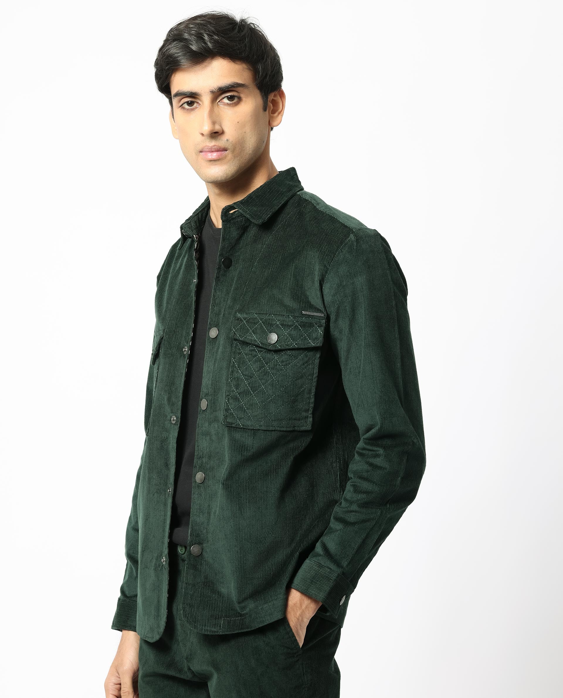 Rare Rabbit Men's Upto Dark Green Cotton Modal Fabric Full Sleeves Solid Corduroy Shacket