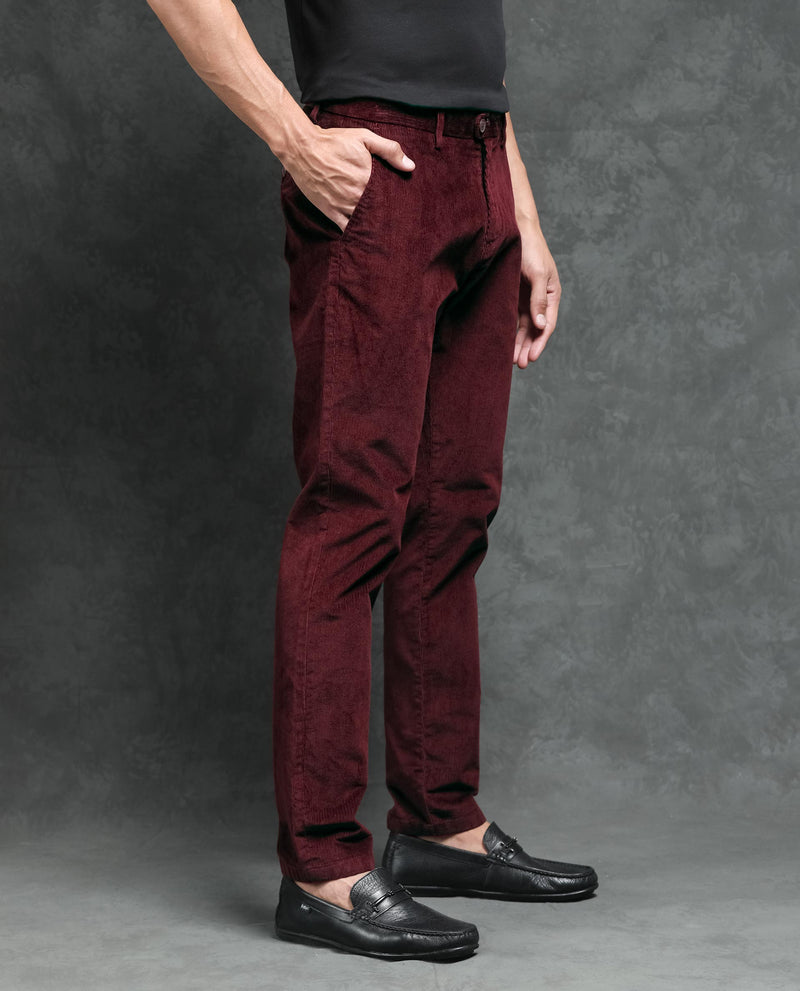 Rare Rabbit Men's Upton Maroon Mid-Rise Regular Fit Corduroy Trousers