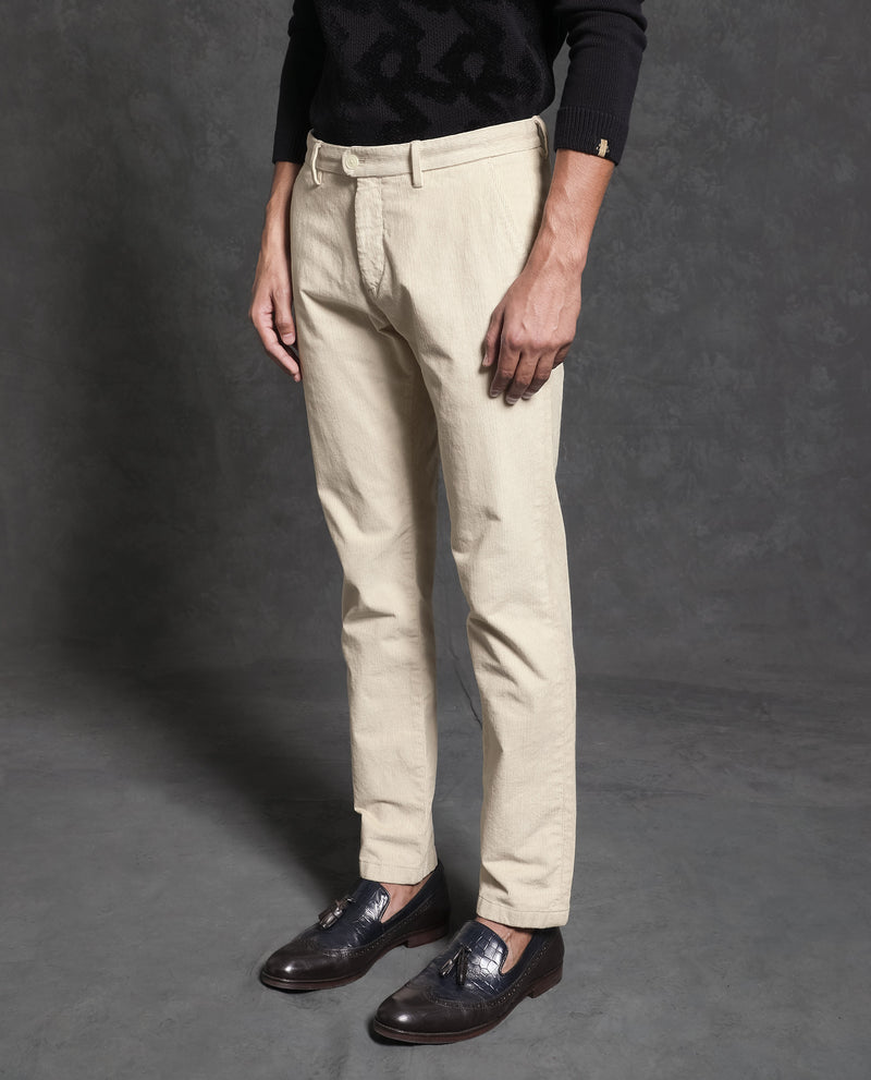 Rare Rabbit Men's Upton Off White Mid-Rise Regular Fit Corduroy Trousers