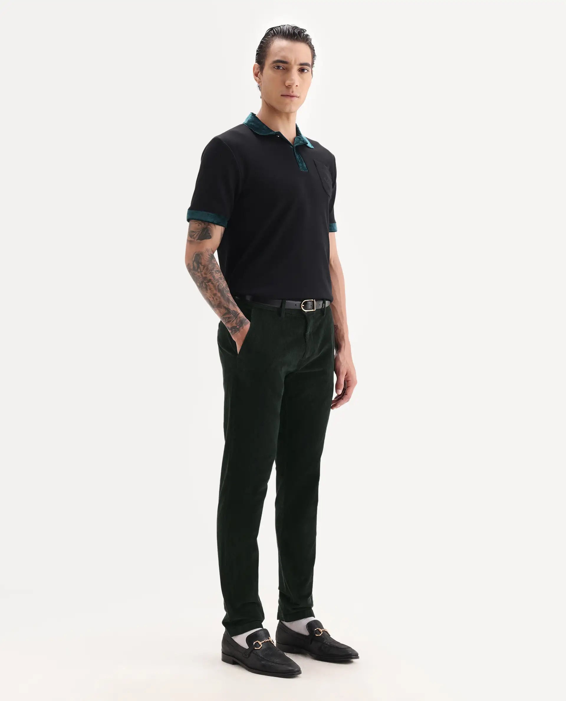 Rare Rabbit Men's Upton Dark Green Cotton Plain Regular Fit Trouser