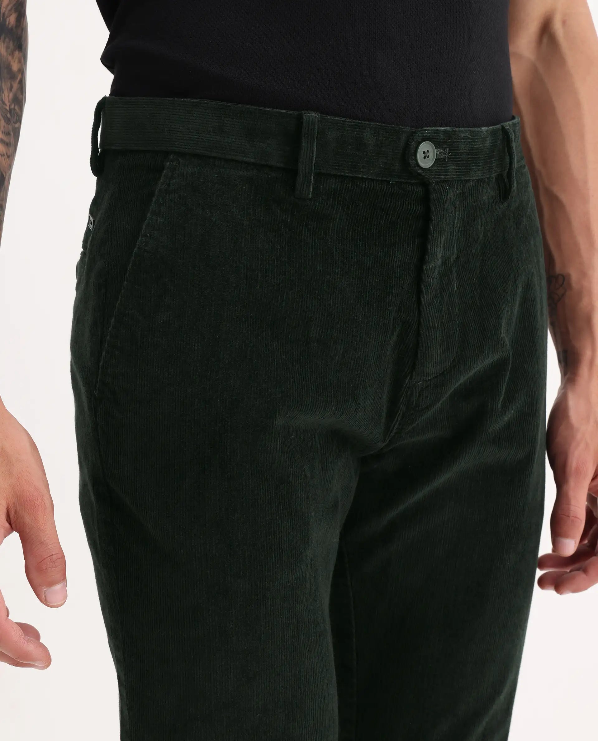 Rare Rabbit Men's Upton Dark Green Cotton Plain Regular Fit Trouser