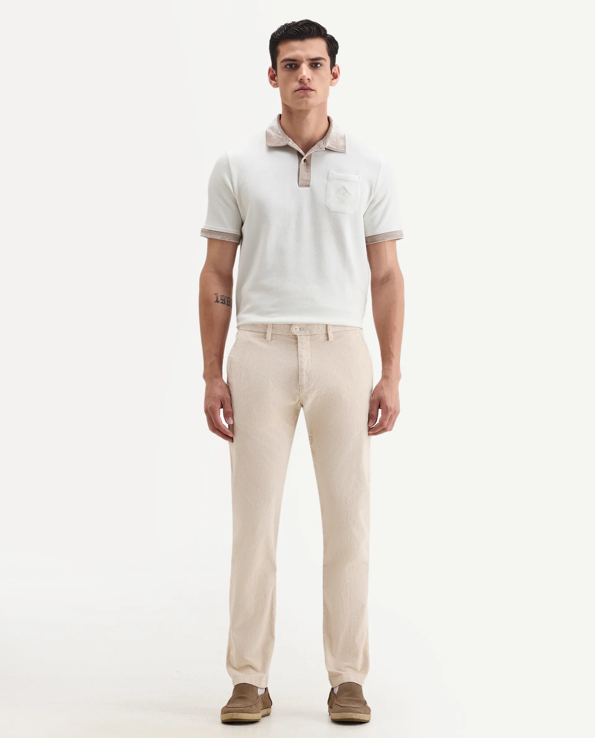 Rare Rabbit Men's Upton Off White Cotton Plain Regular Fit Trouser