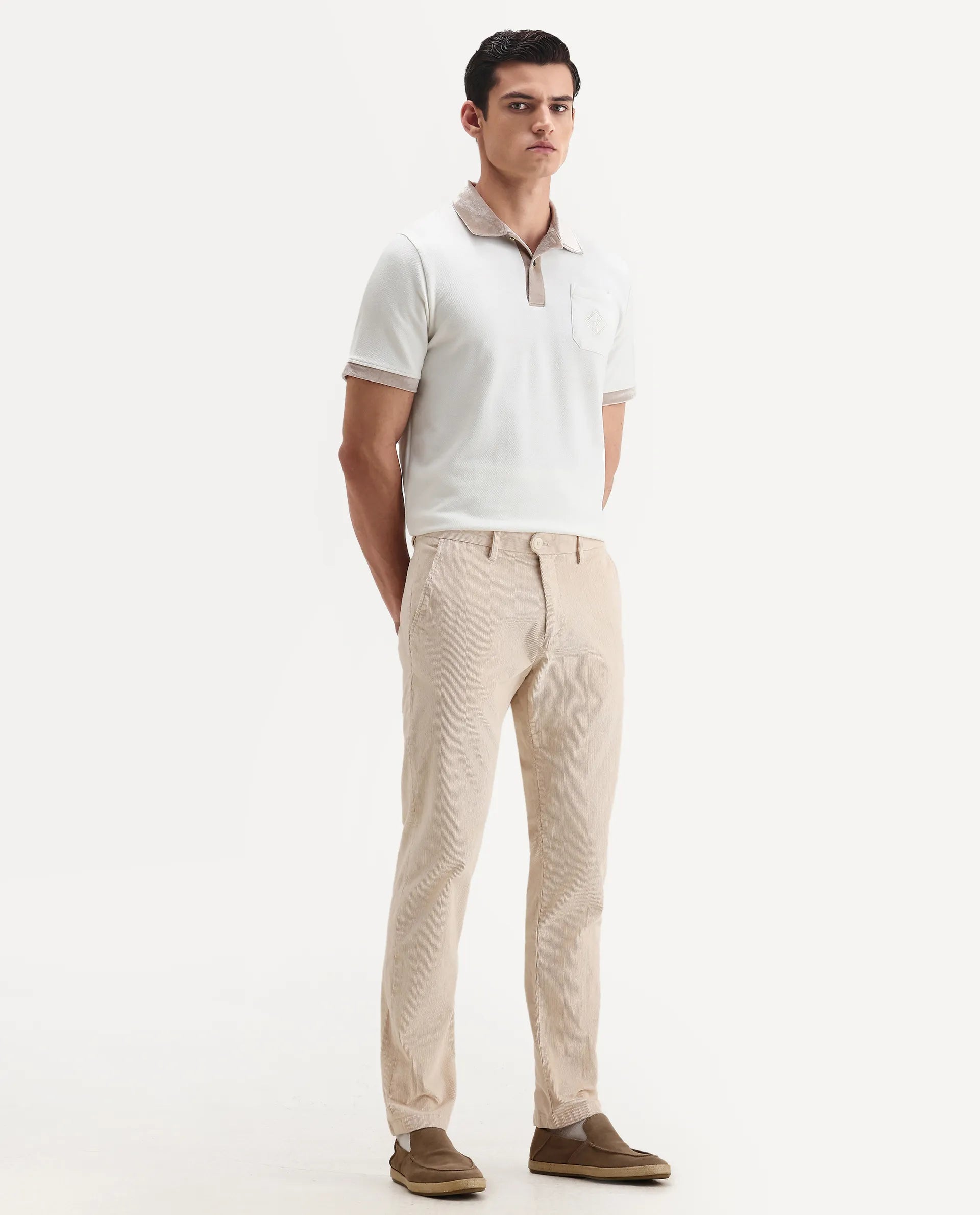 Rare Rabbit Men's Upton Off White Cotton Plain Regular Fit Trouser