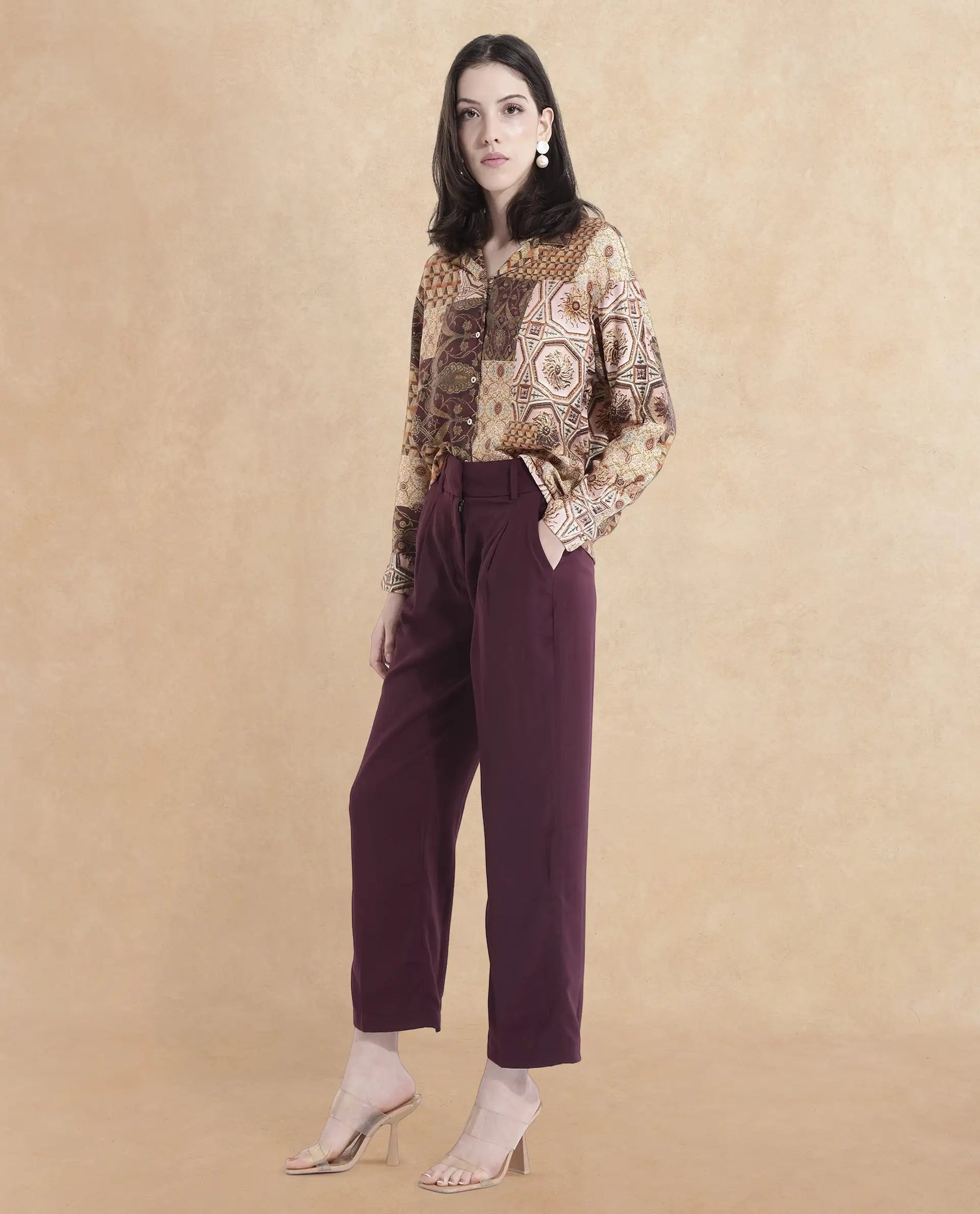 Rareism Women Urap Dark Maroon  Straight Fit Ankle Length Plain Trouser