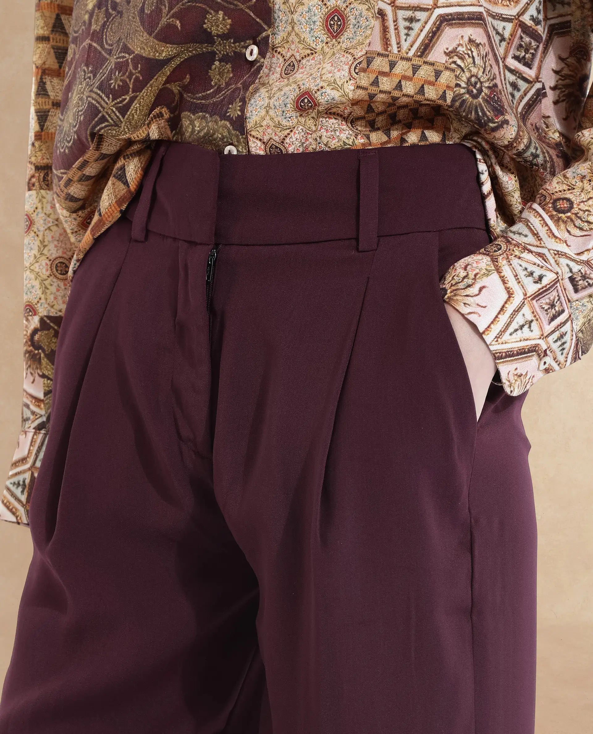 Rareism Women Urap Dark Maroon  Straight Fit Ankle Length Plain Trouser