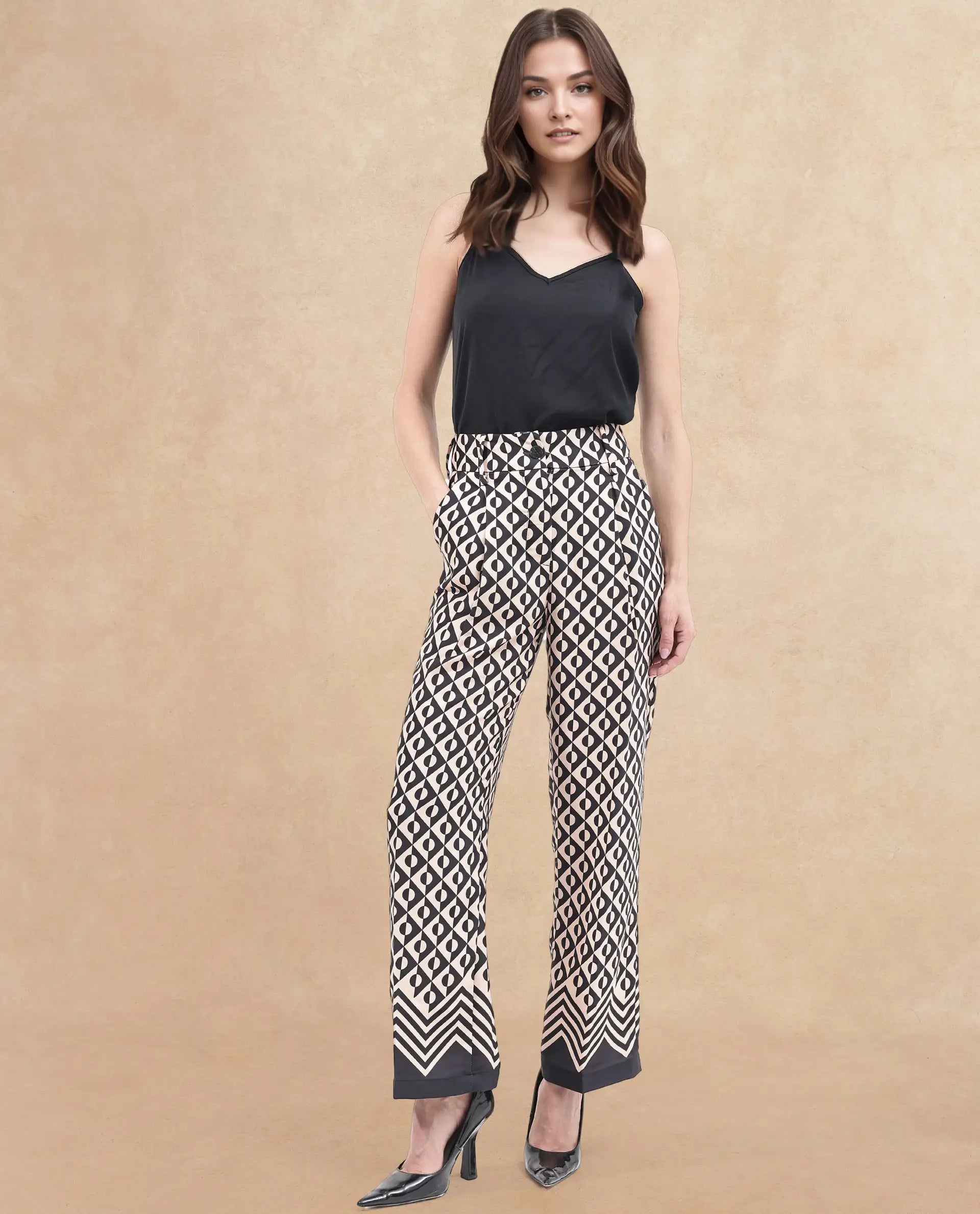 Rareism Women's Urapan Black Polyester Blend Geometric Print Ankle Length Straight Fit Trouser