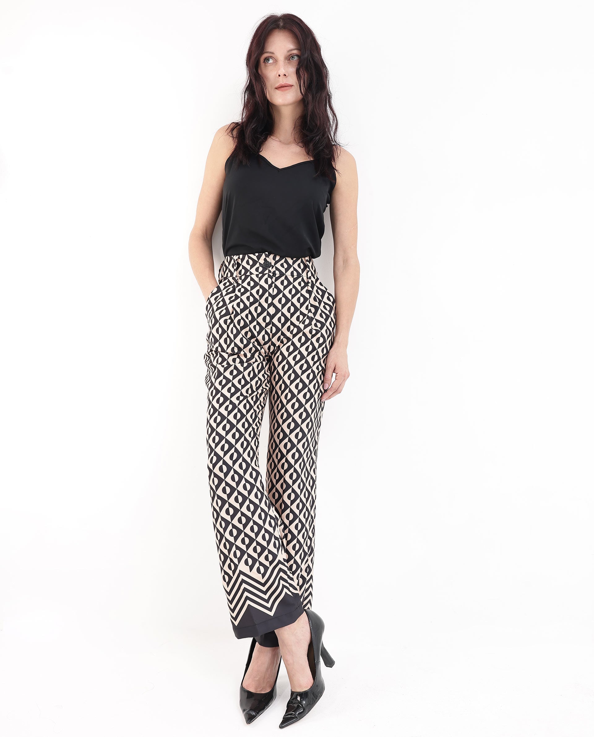 Rareism Women Urapan Black Straight Fit Geometric Print Ankle Length Trouser