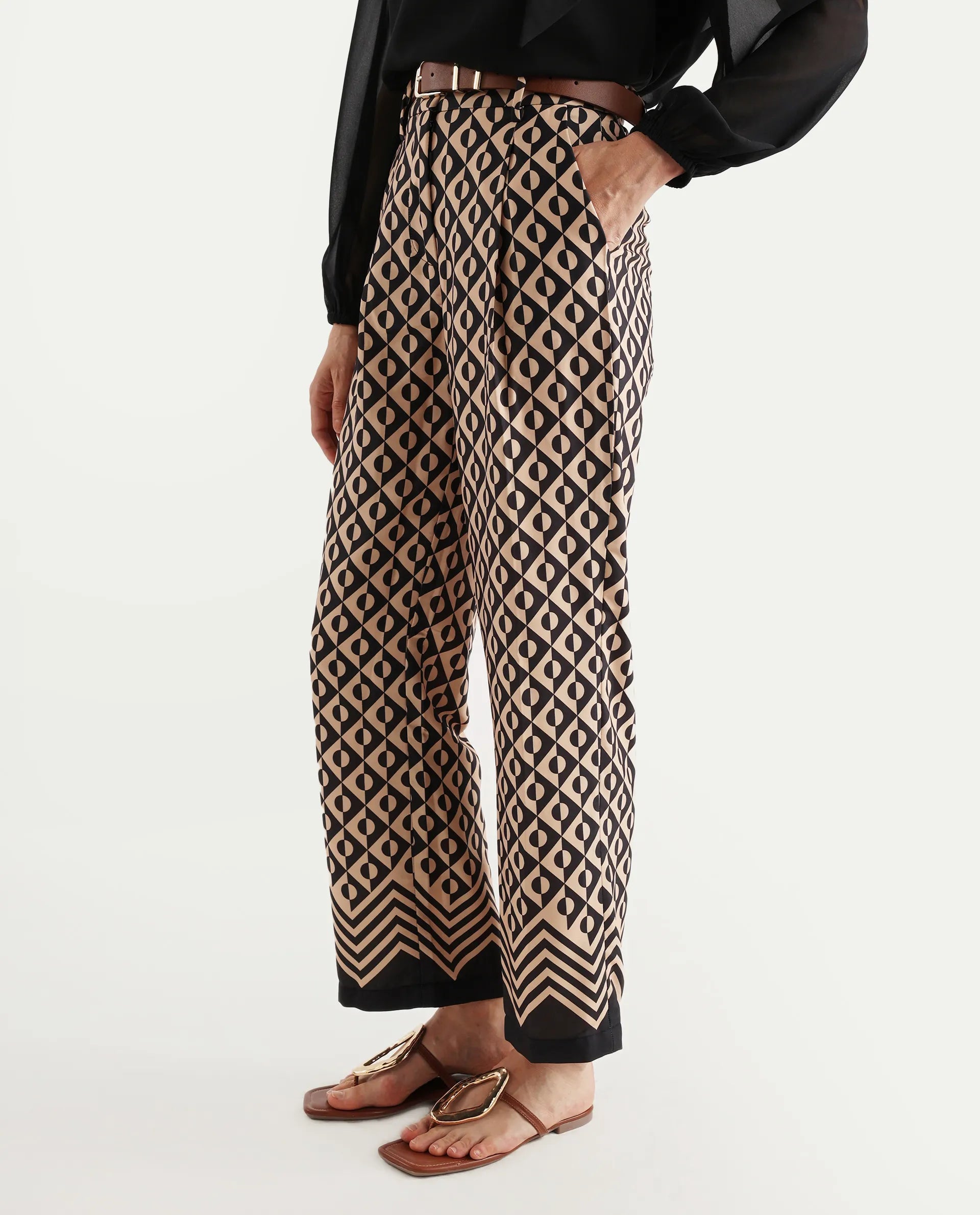 Rareism Women's Urapan Black Polyester Blend Geometric Print Ankle Length Straight Fit Trouser