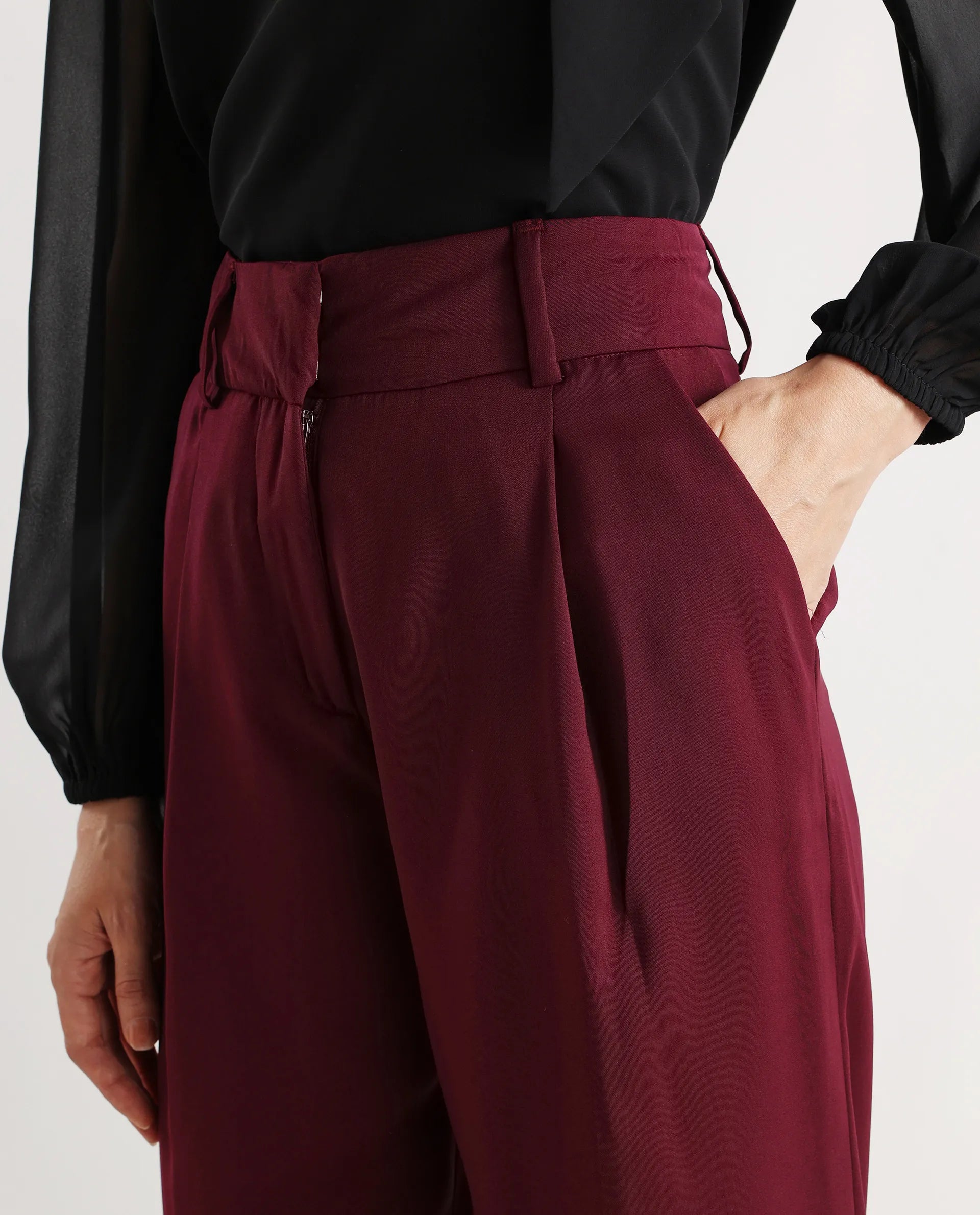 Rareism Women's Urap Dark Maroon Polyester Blend Plain Ankle Length Straight Fit Trouser