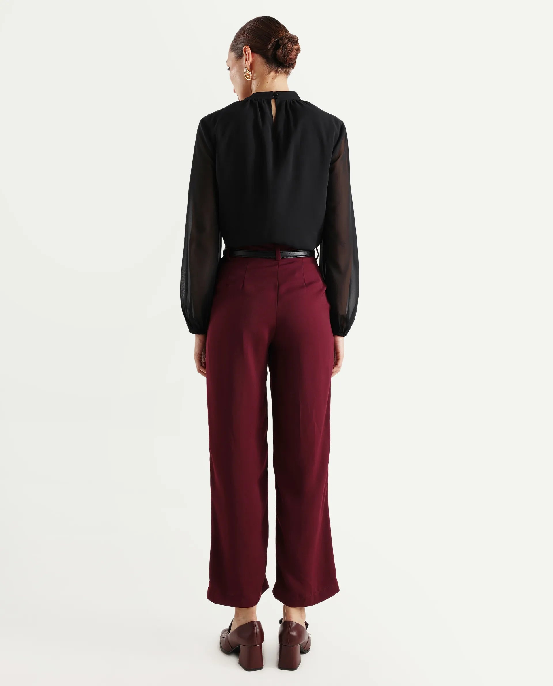 Rareism Women's Urap Dark Maroon Polyester Blend Plain Ankle Length Straight Fit Trouser