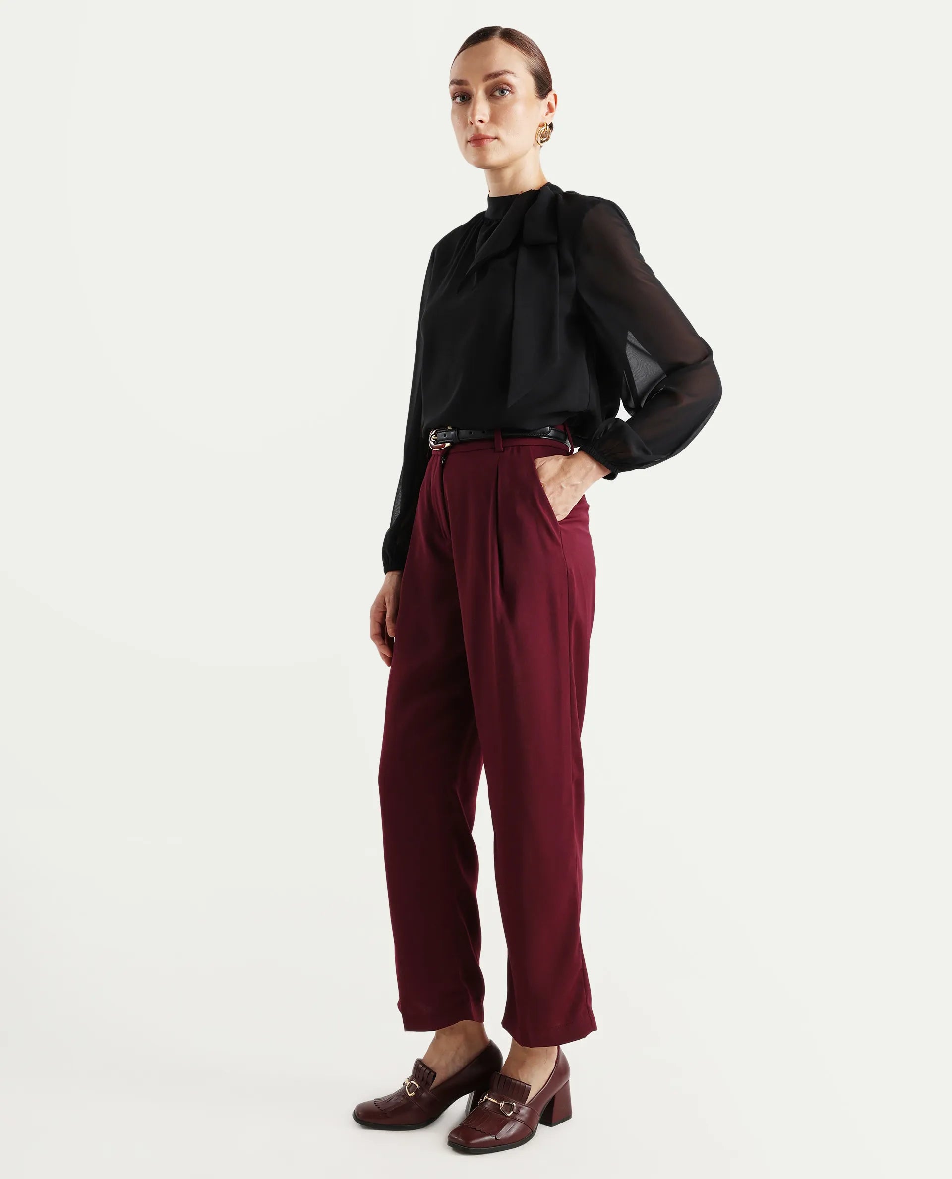 Rareism Women's Urap Dark Maroon Polyester Blend Plain Ankle Length Straight Fit Trouser