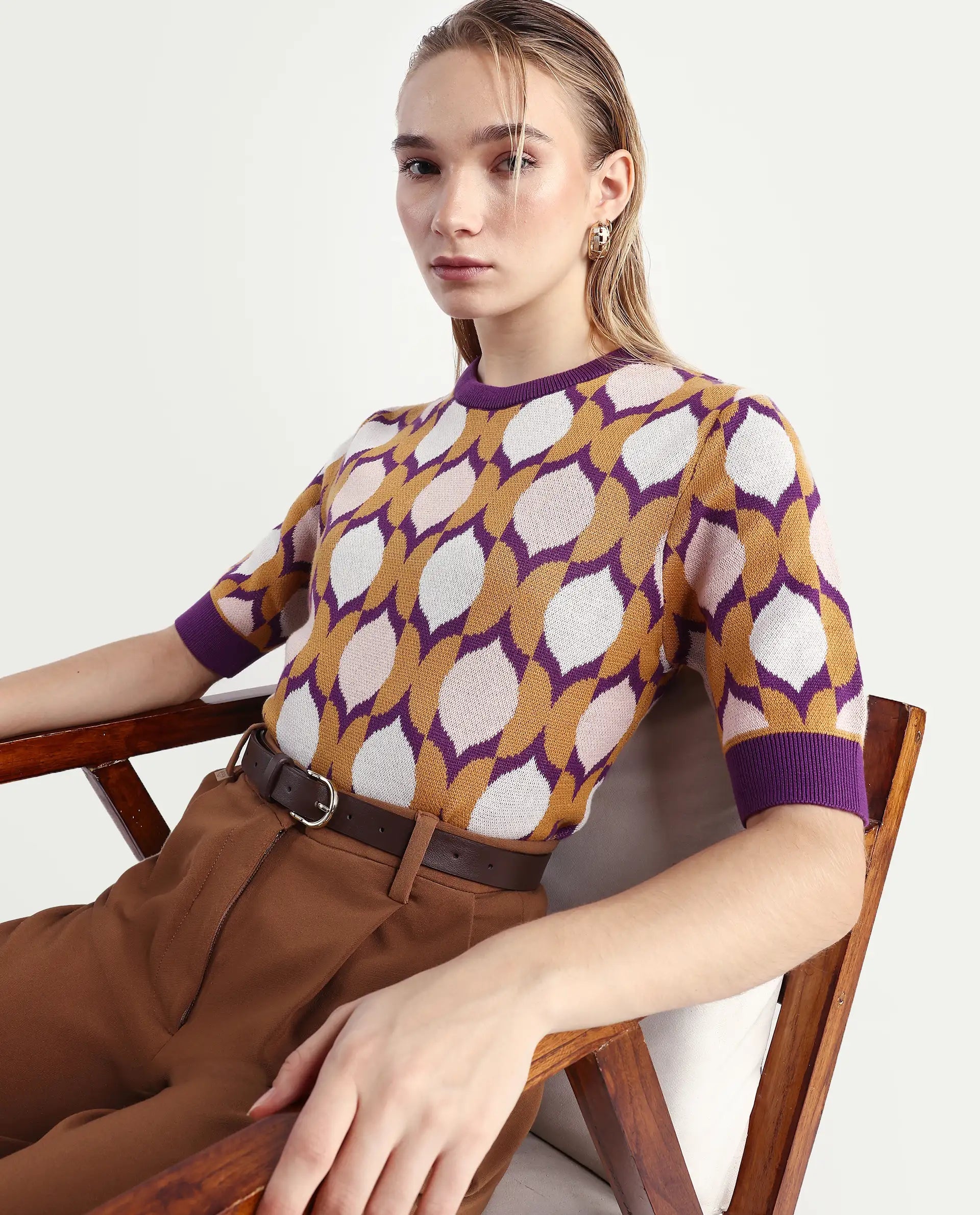 Rareism Women's Ursha Multi Cotton Crew Neck Geometric Print Regular Fit Top