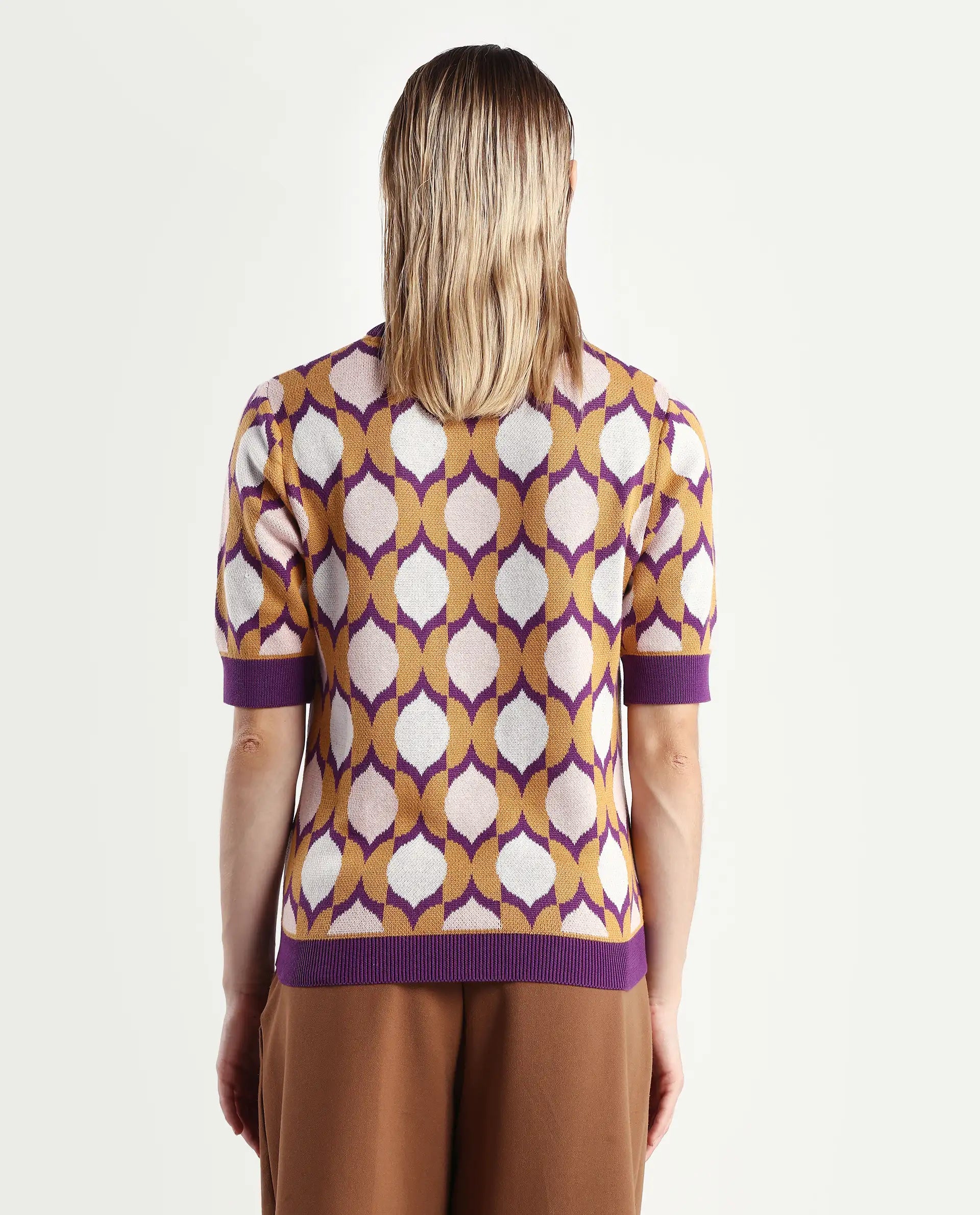 Rareism Women's Ursha Multi Cotton Crew Neck Geometric Print Regular Fit Top