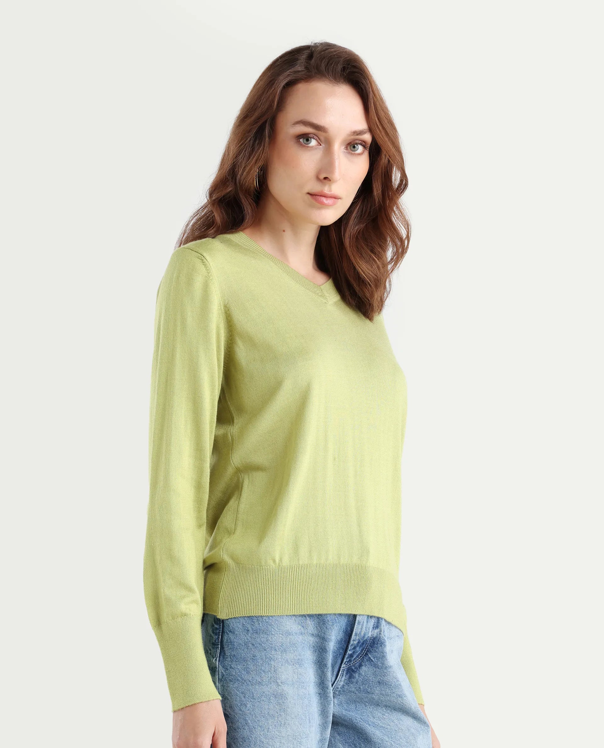 Rareism Women's Usak Flouroscent Green Acrylic V-Neck Plain Regular Fitted Sweater