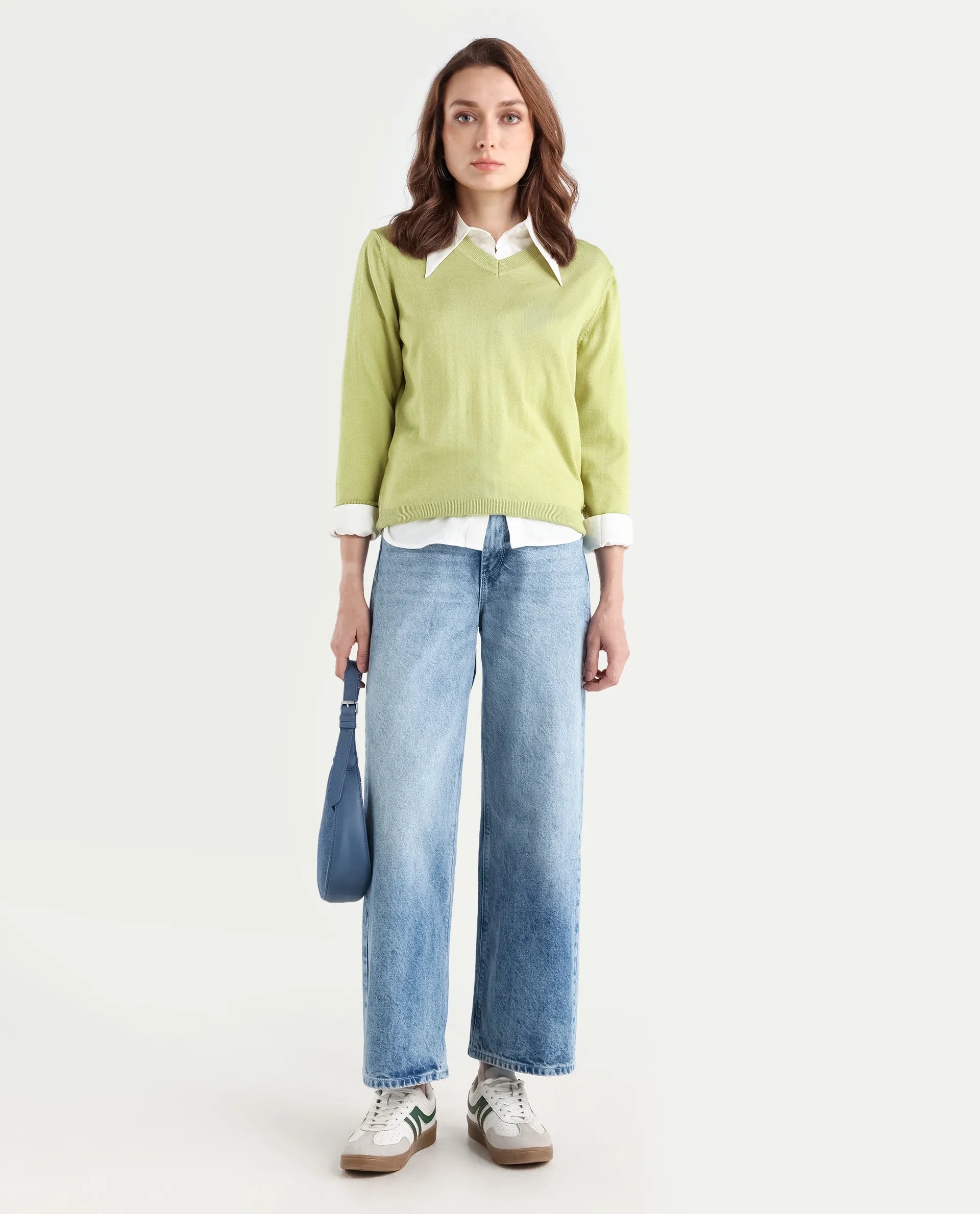 Rareism Women's Usak Flouroscent Green Acrylic V-Neck Plain Regular Fitted Sweater