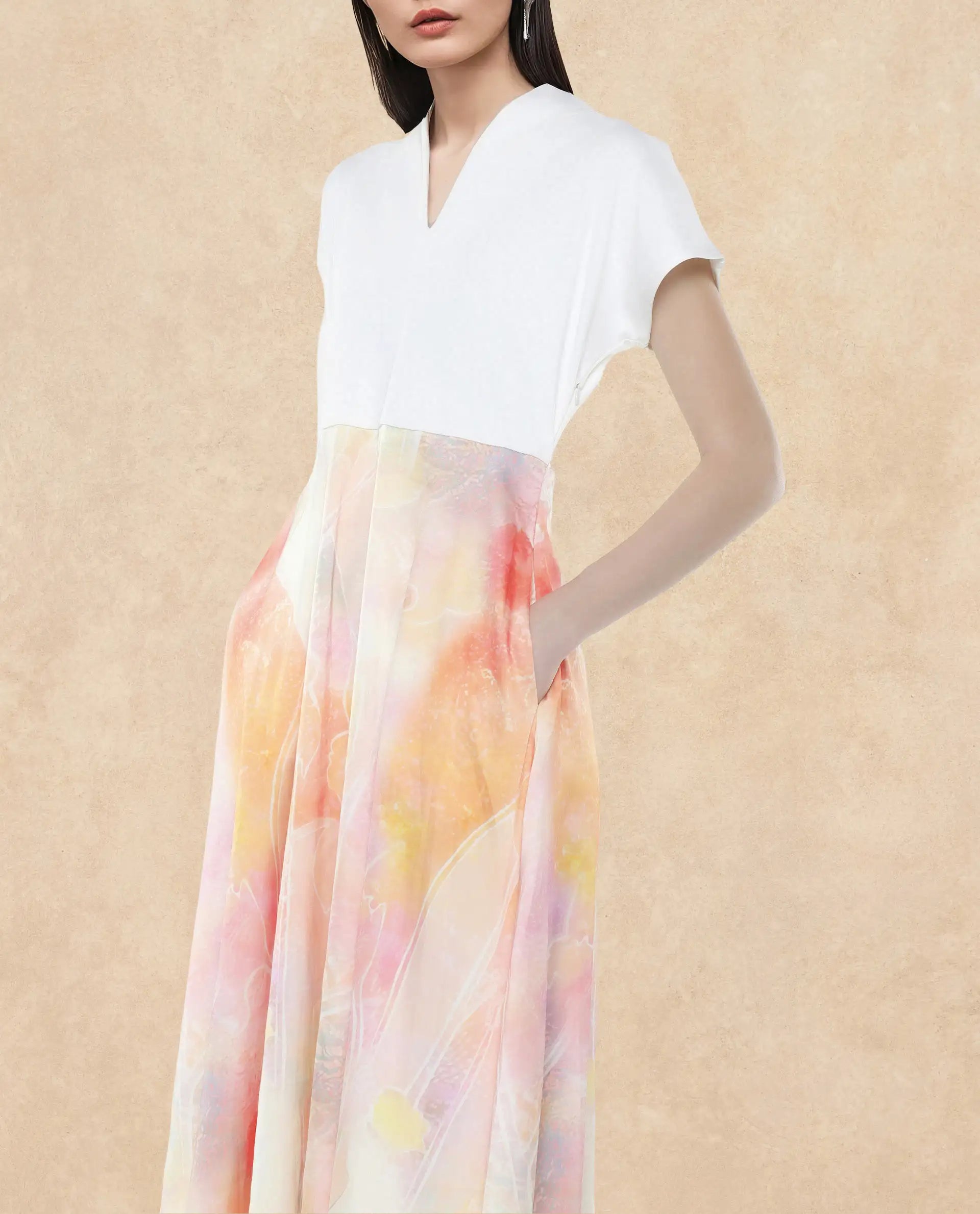 Rareism Women Usoppin Multi Extended Sleeves Built-Up Neck Zip Closure Fit And Flare Midi Abstract Print Dress