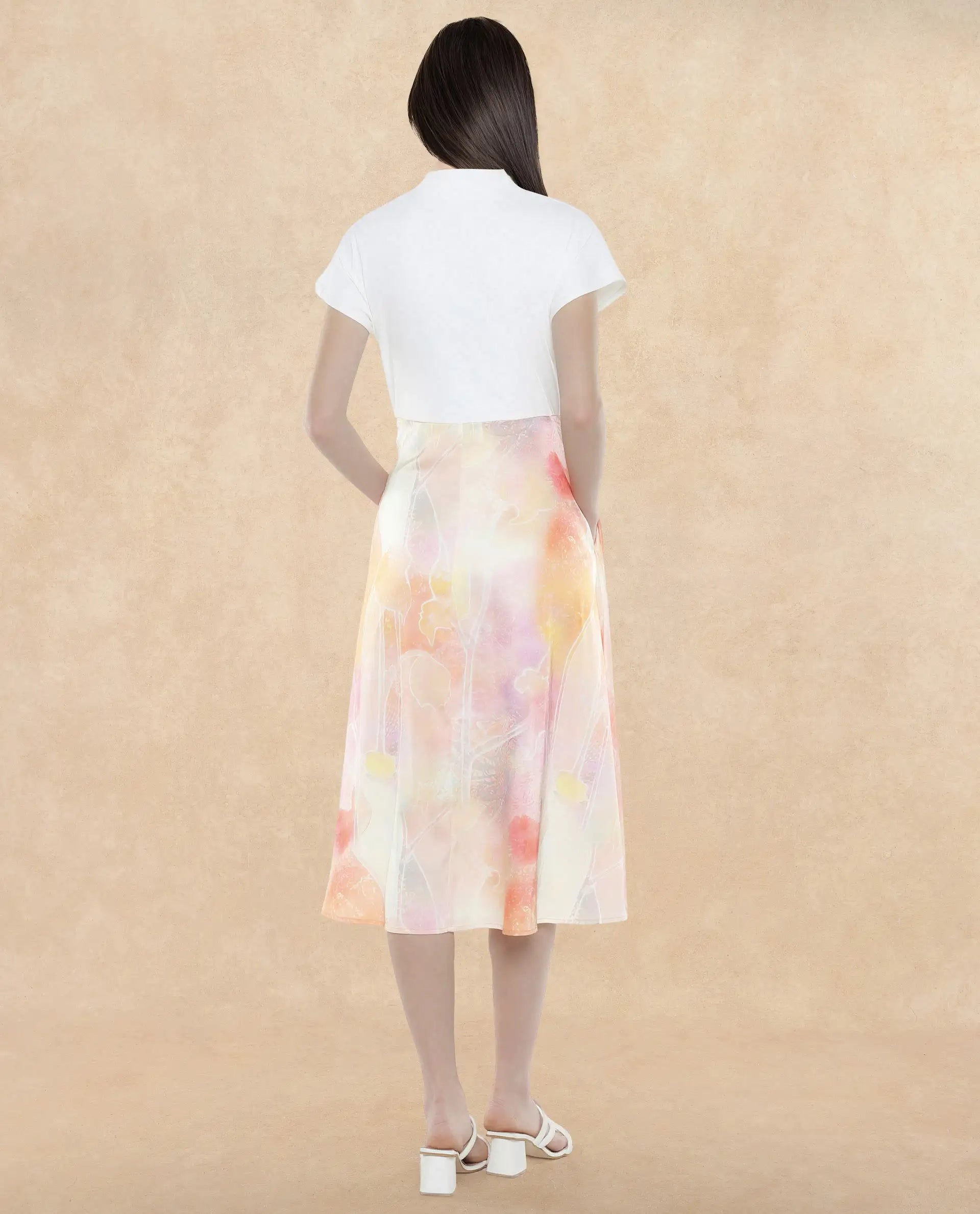 Rareism Women Usoppin Multi Extended Sleeves Built-Up Neck Zip Closure Fit And Flare Midi Abstract Print Dress