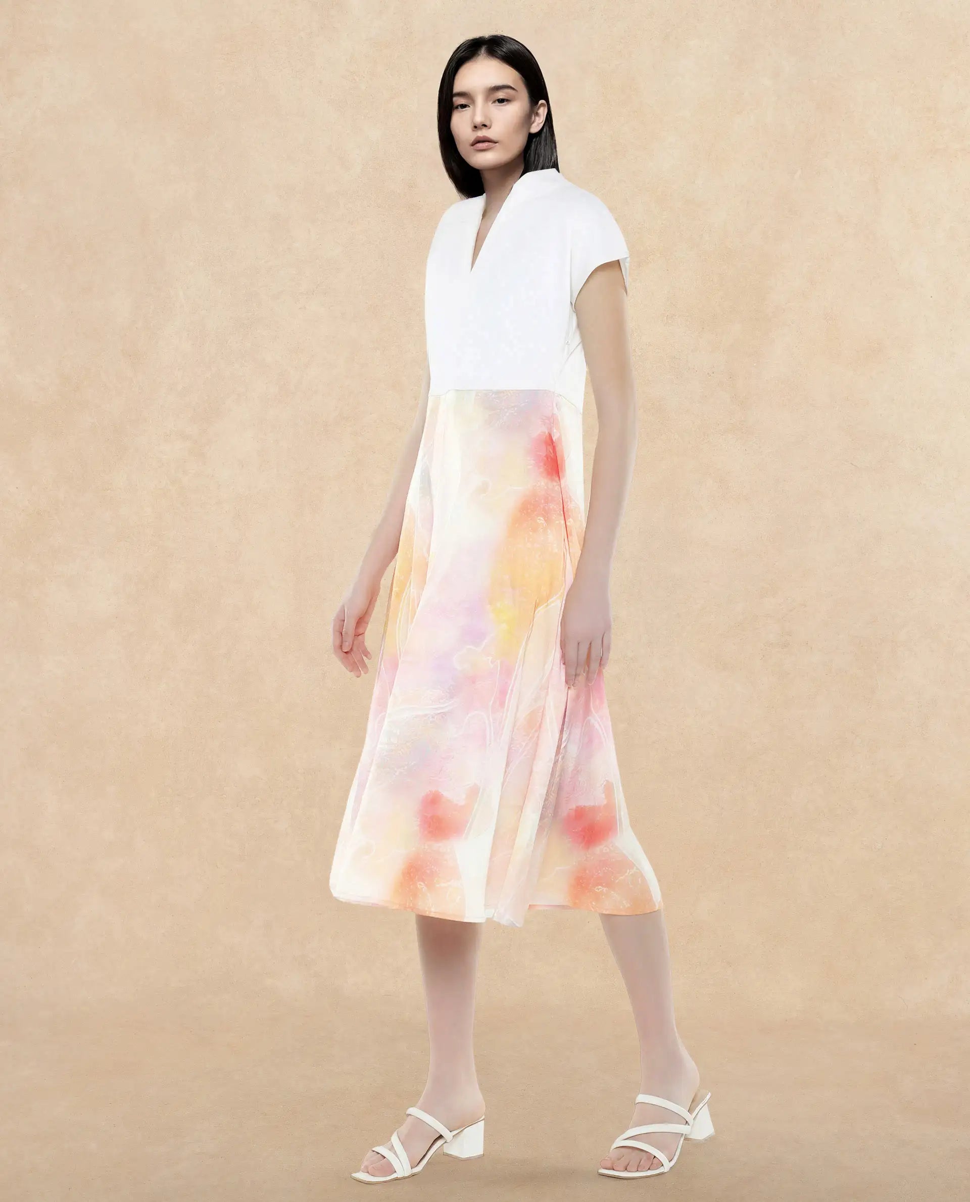 Rareism Women Usoppin Multi Extended Sleeves Built-Up Neck Zip Closure Fit And Flare Midi Abstract Print Dress