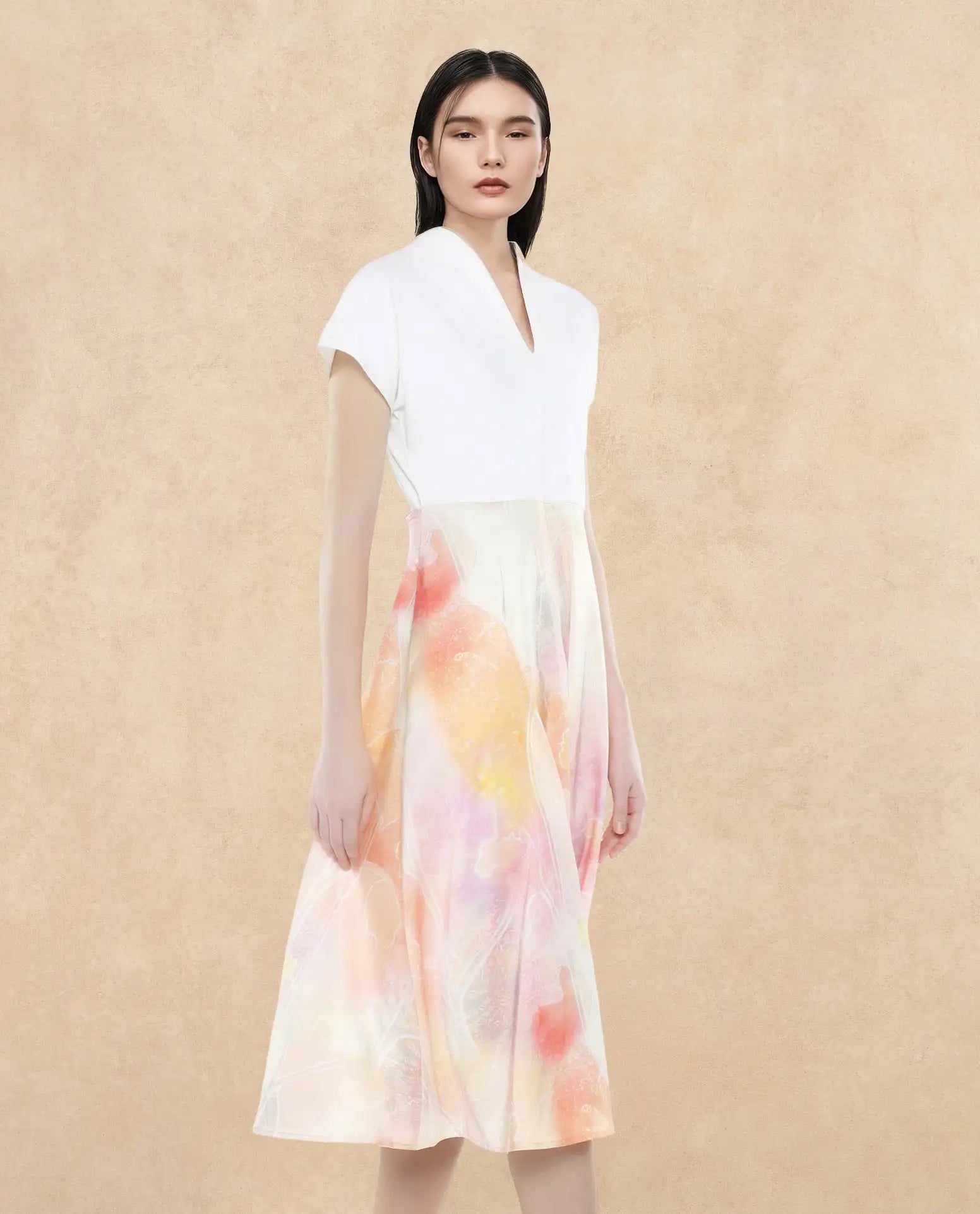 Rareism Women Usoppin Multi Extended Sleeves Built-Up Neck Zip Closure Fit And Flare Midi Abstract Print Dress