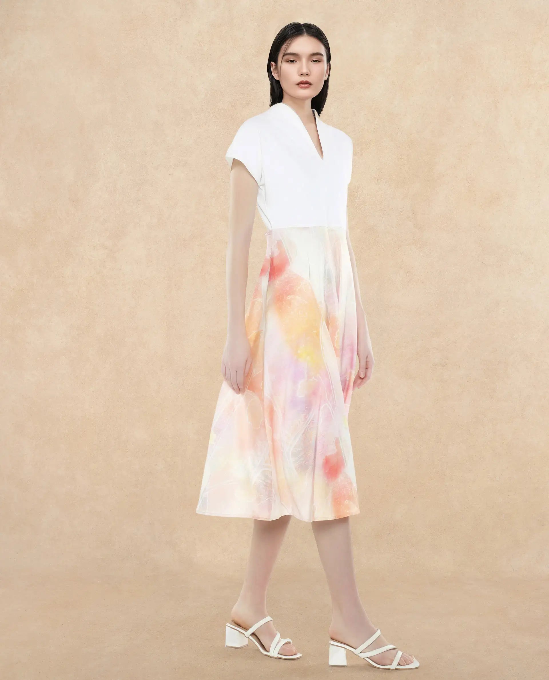 Rareism Women Usoppin Multi Extended Sleeves Built-Up Neck Zip Closure Fit And Flare Midi Abstract Print Dress